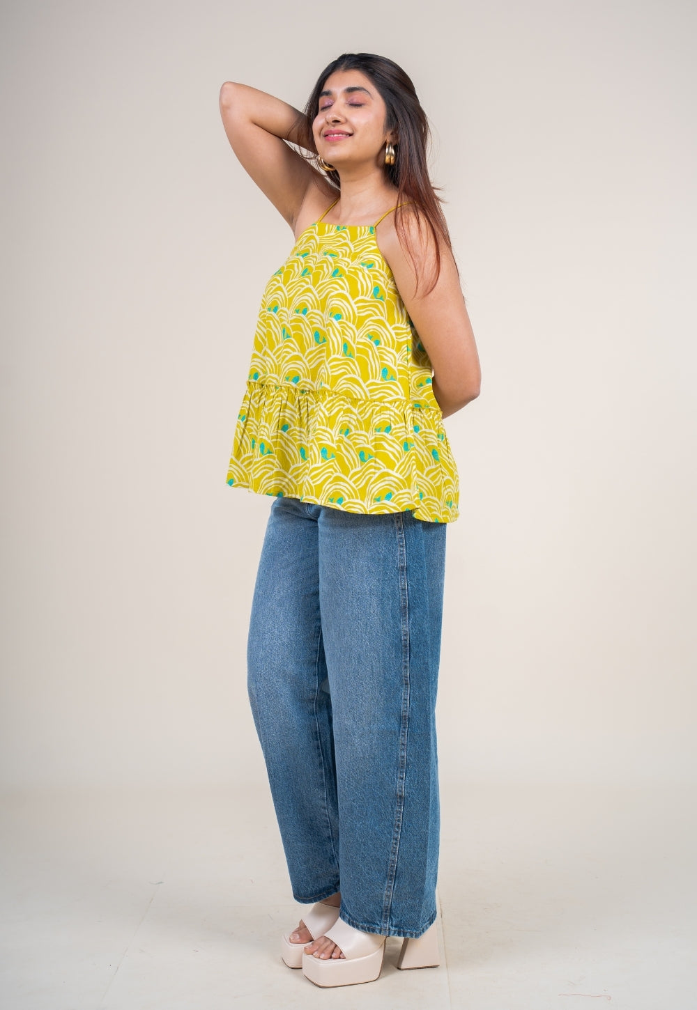 Sarya Lime Green Printed Cotton A Line Short Top