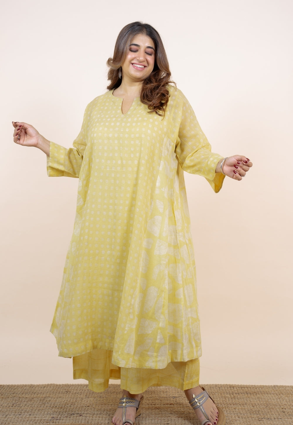 Fara Yellow Batik MulMul Jhabbha Kali Kurta