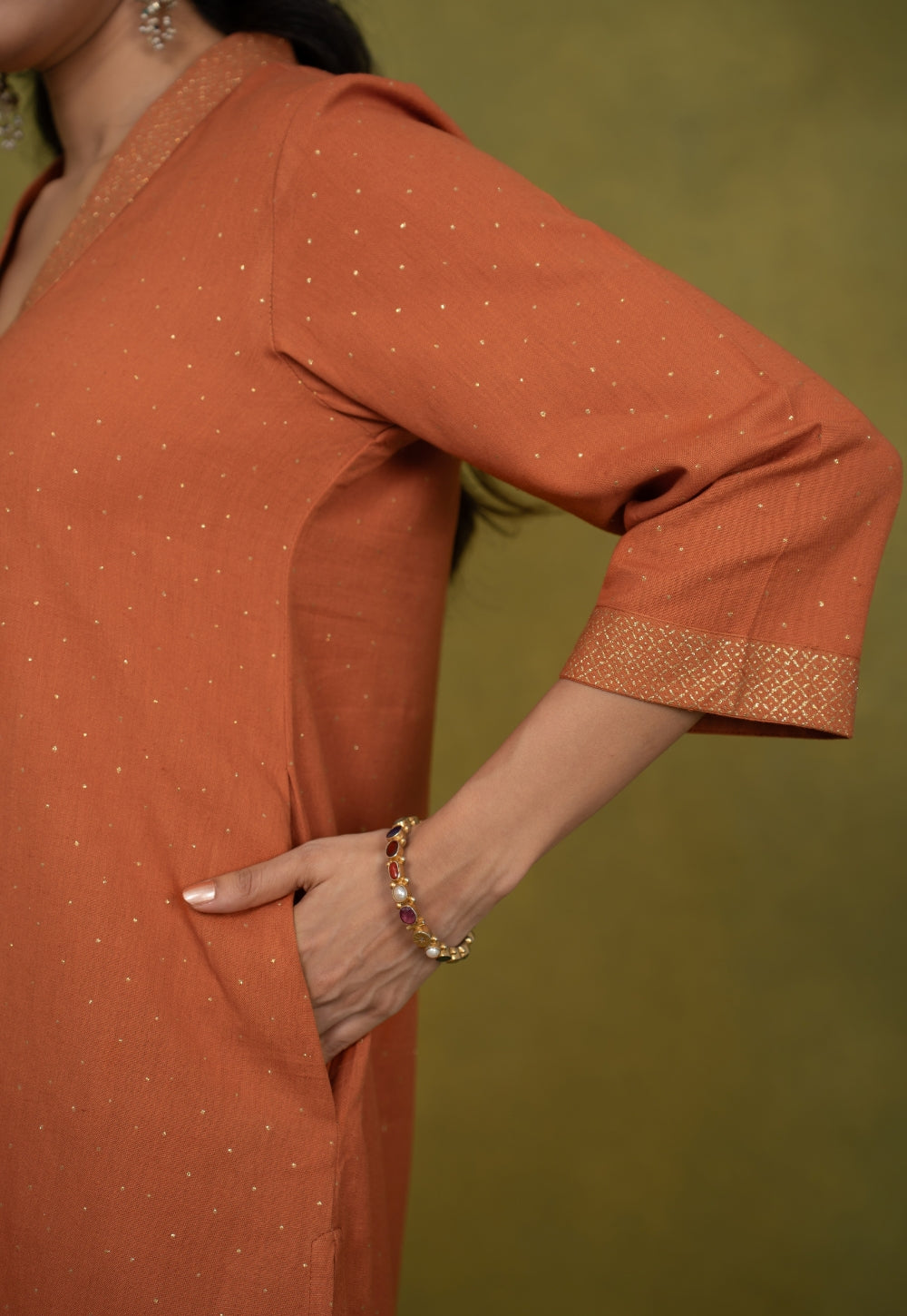 Sakhi Orange Rogan Handblock Printed Cotton Straight Kurta Suit Set (Set of 3)