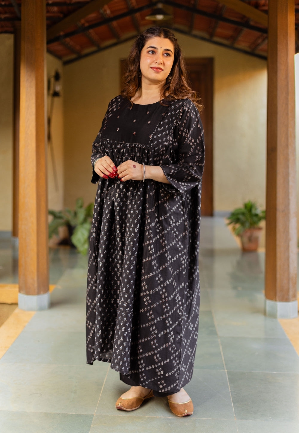 Melina Black Ajrakh Chanderi Silk Jhabbha Kali Kurta with Hand Embroidery