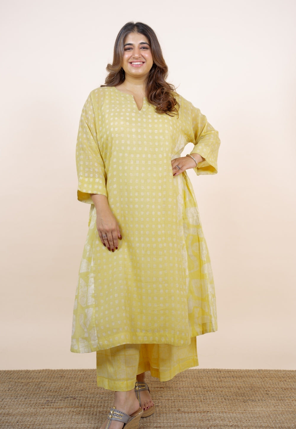 Fara Yellow Batik MulMul Jhabbha Kali Kurta