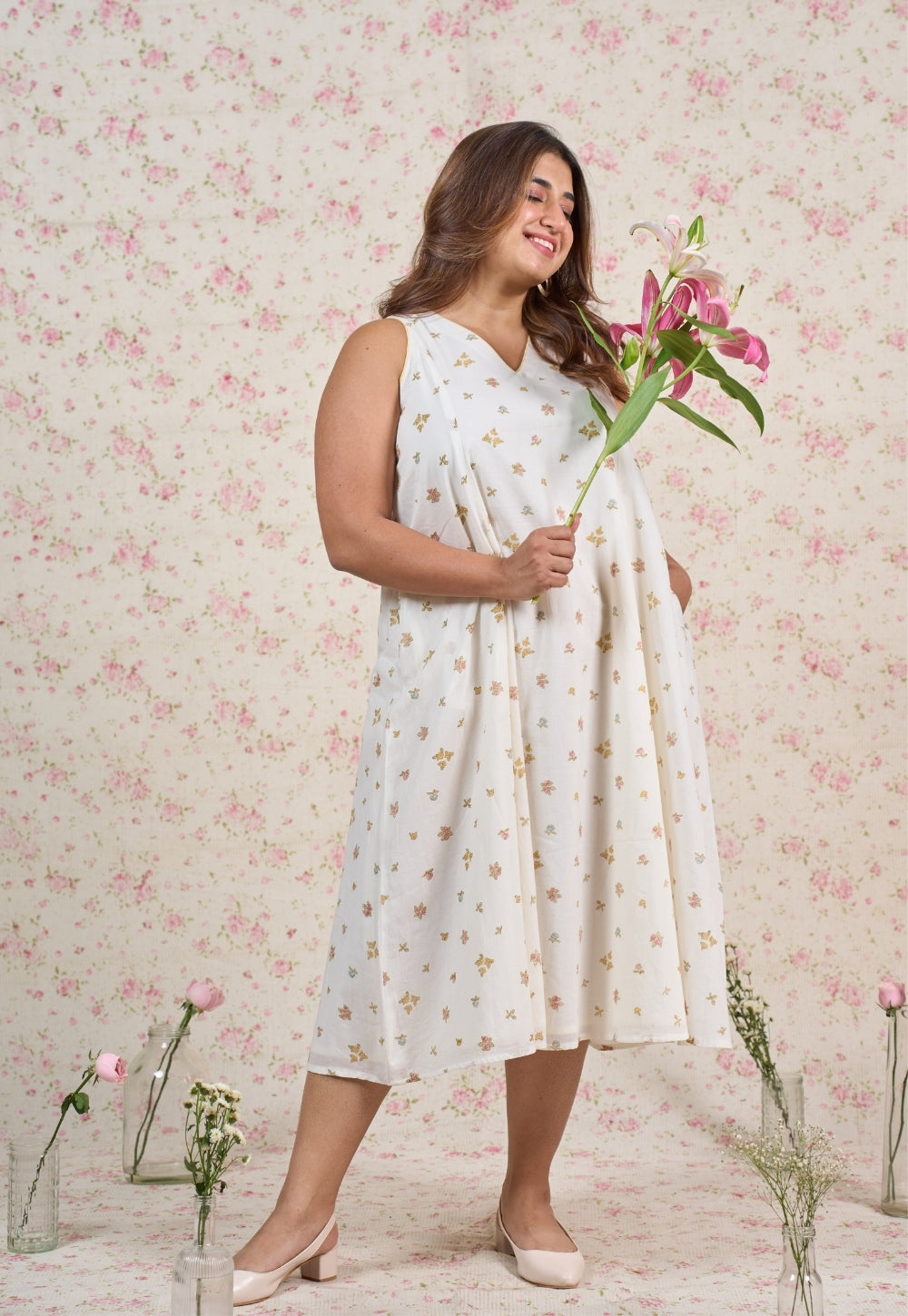 Sophia White Sanganeri Mul Cotton A Line Dress