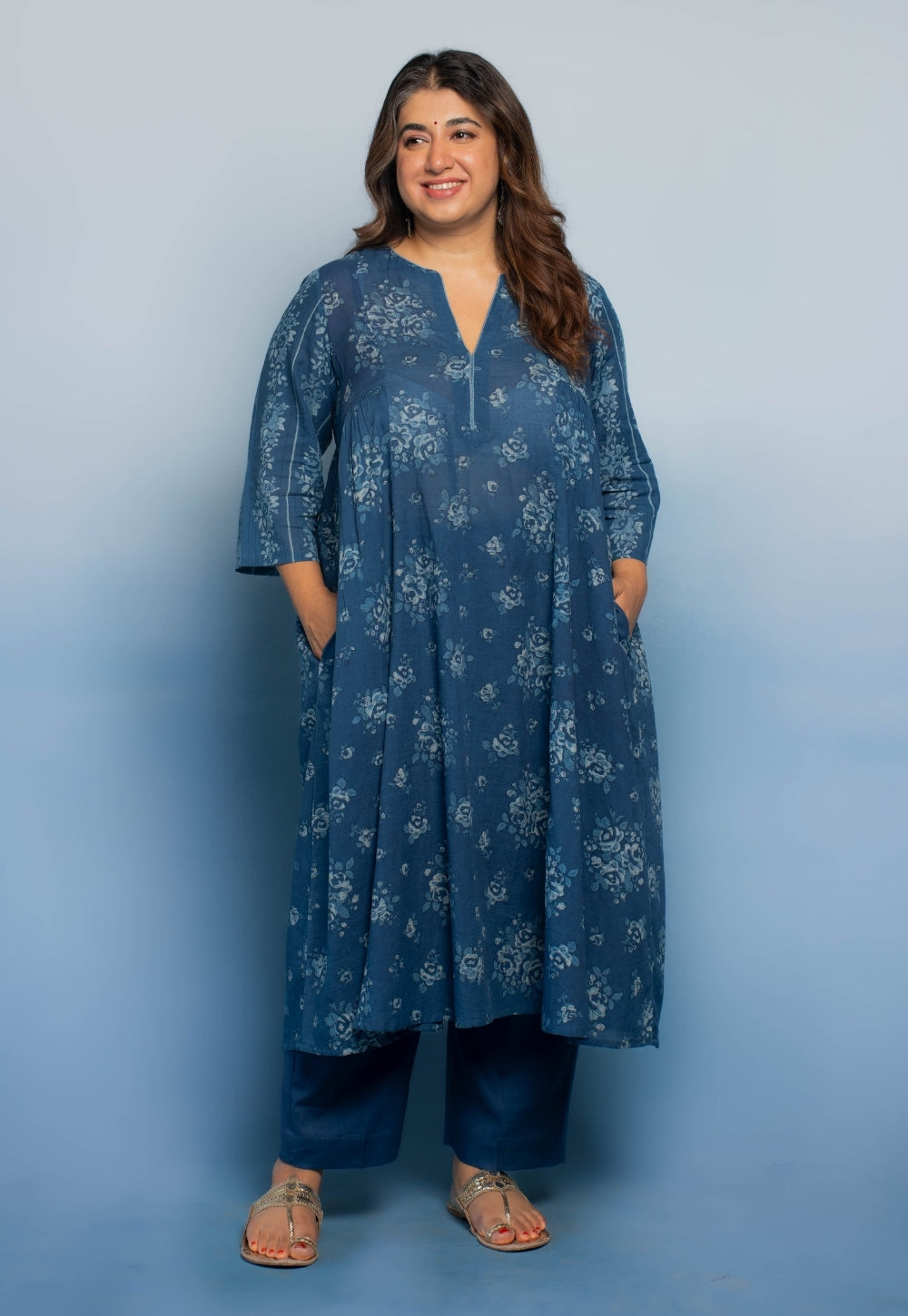 Drishti Blue Dabu Mul Cotton Kali Kurta