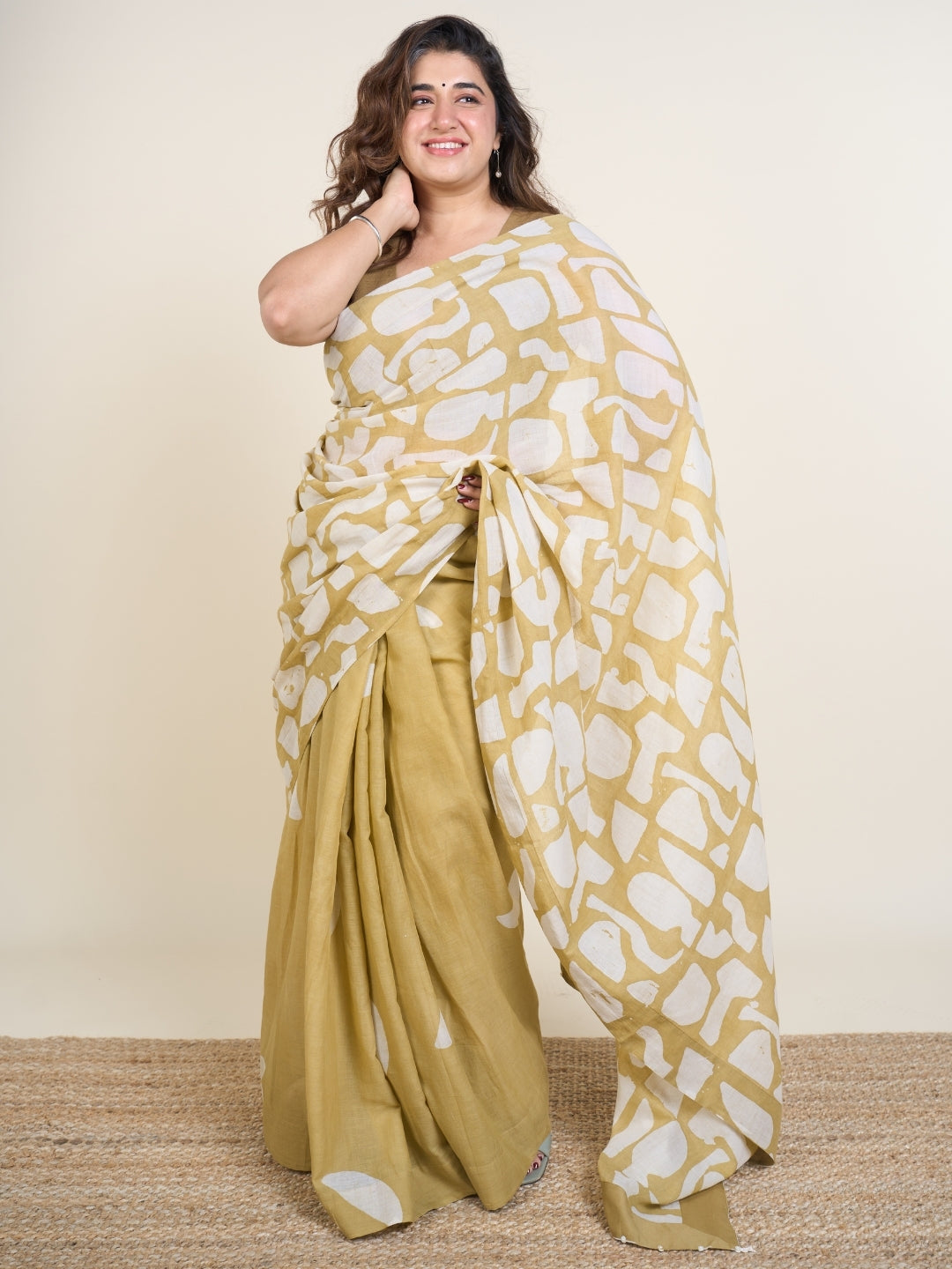 Sabiha Green Batik Hand Block Print Mul Cotton Saree with Embroidery
