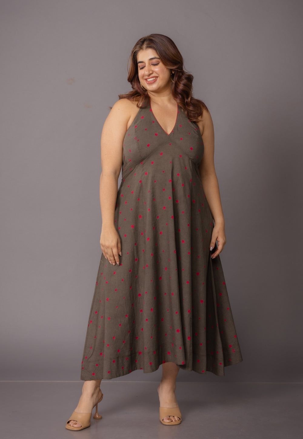 Priti Grey Bandhani Cotton A Line Dress