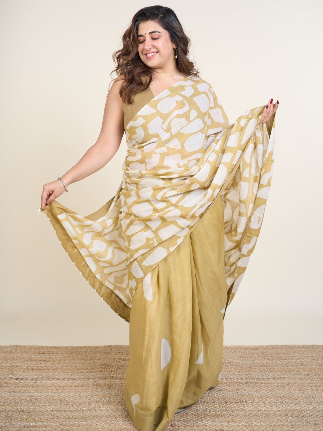 Sabiha Green Batik Hand Block Print Mul Cotton Saree with Embroidery