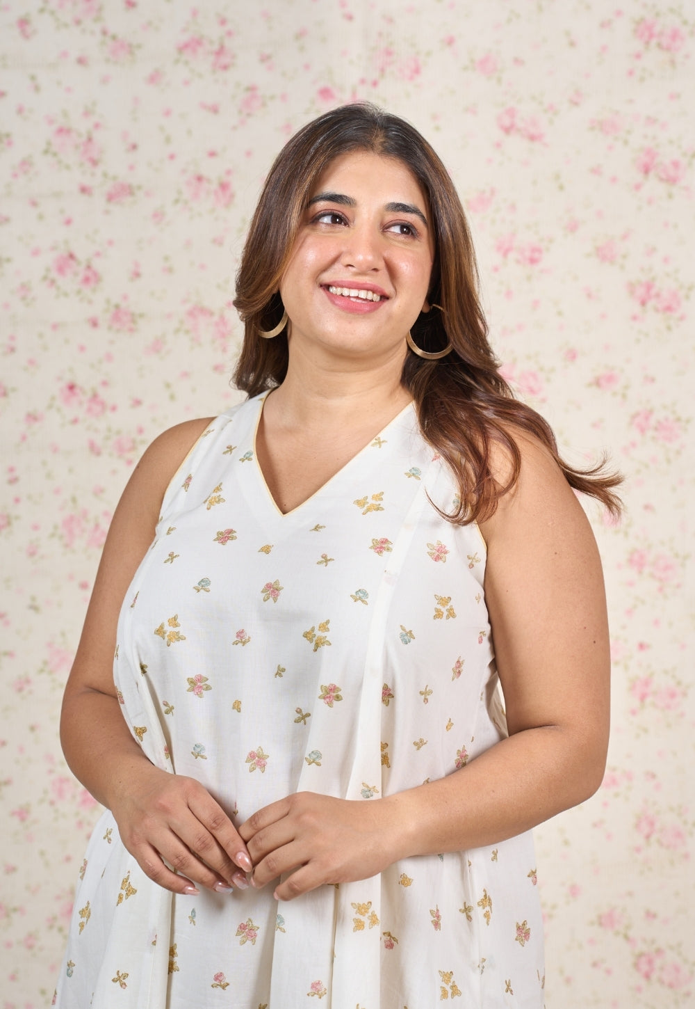 Sophia White Sanganeri Mul Cotton A Line Dress