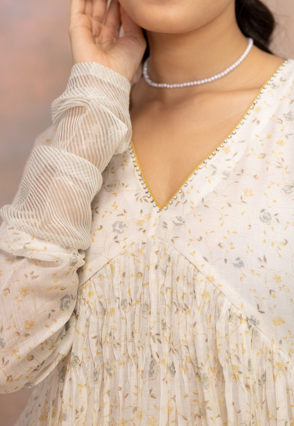 Rois White Sanganeri Chanderi Silk A Line Kurta with Hand Embroidery