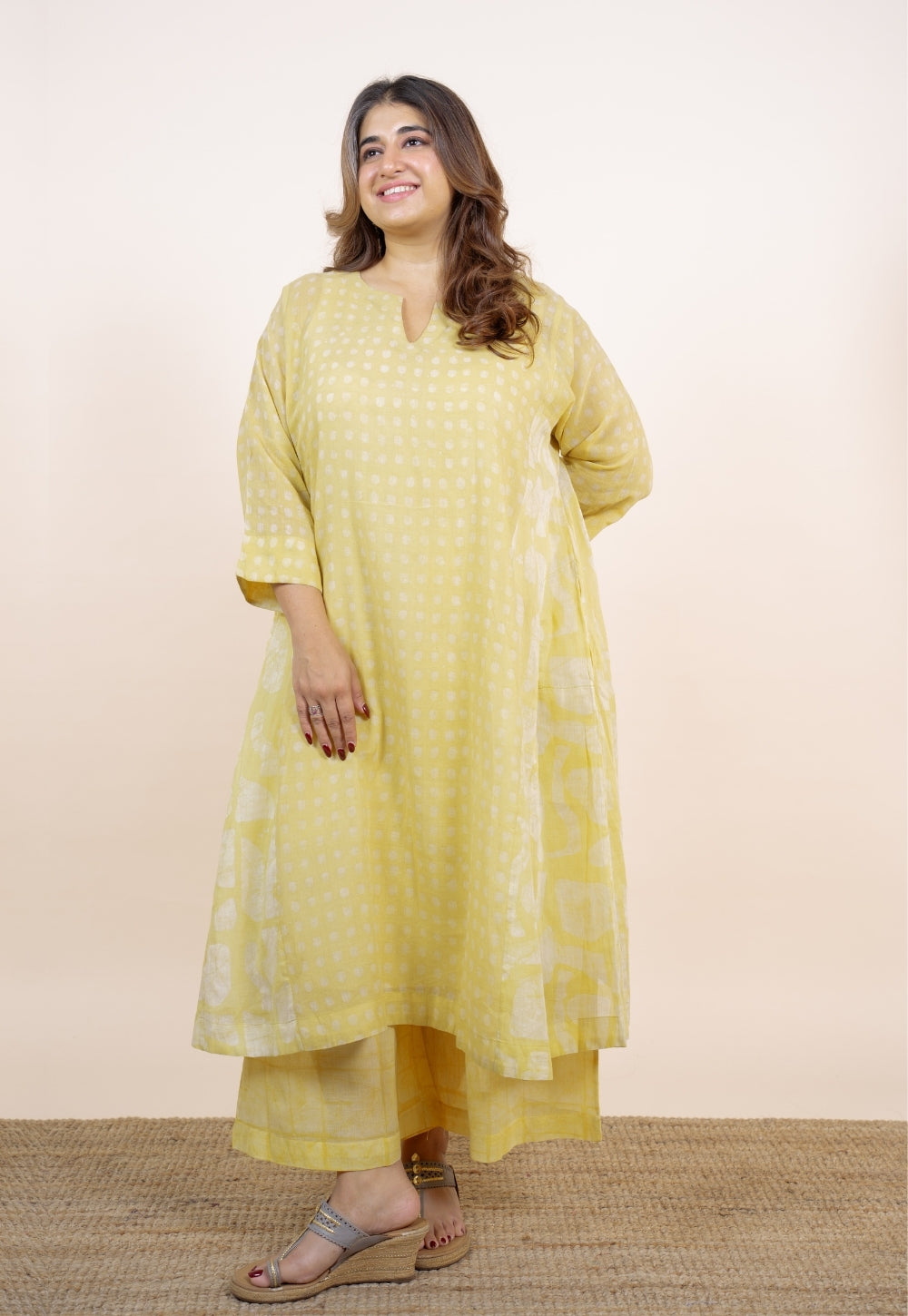 Fara Yellow Batik MulMul Jhabbha Kali Kurta