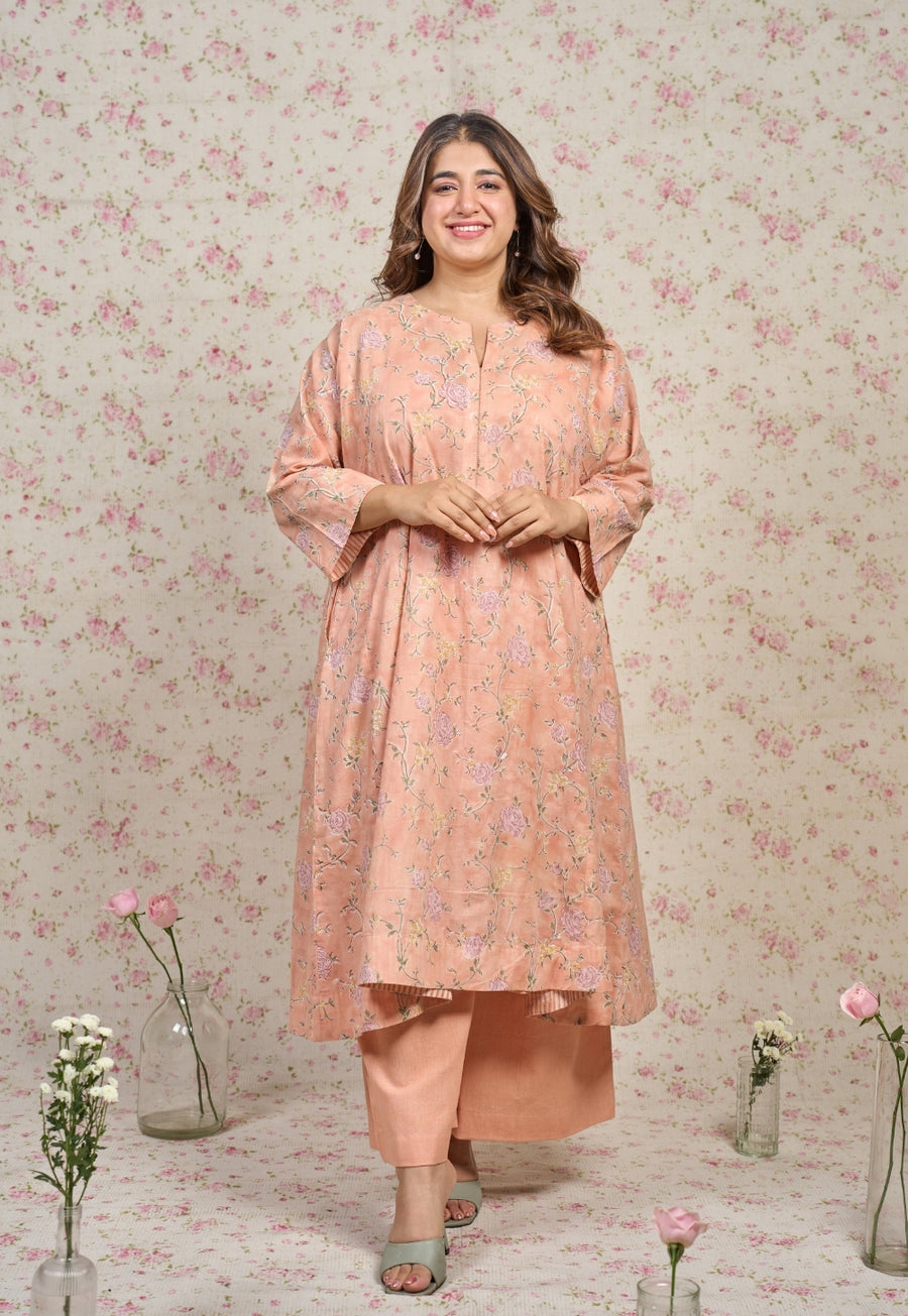 Mary Orange Sanganeri Mul Cotton Jhabbha Kali Kurta with Hand Embroidery and Slip