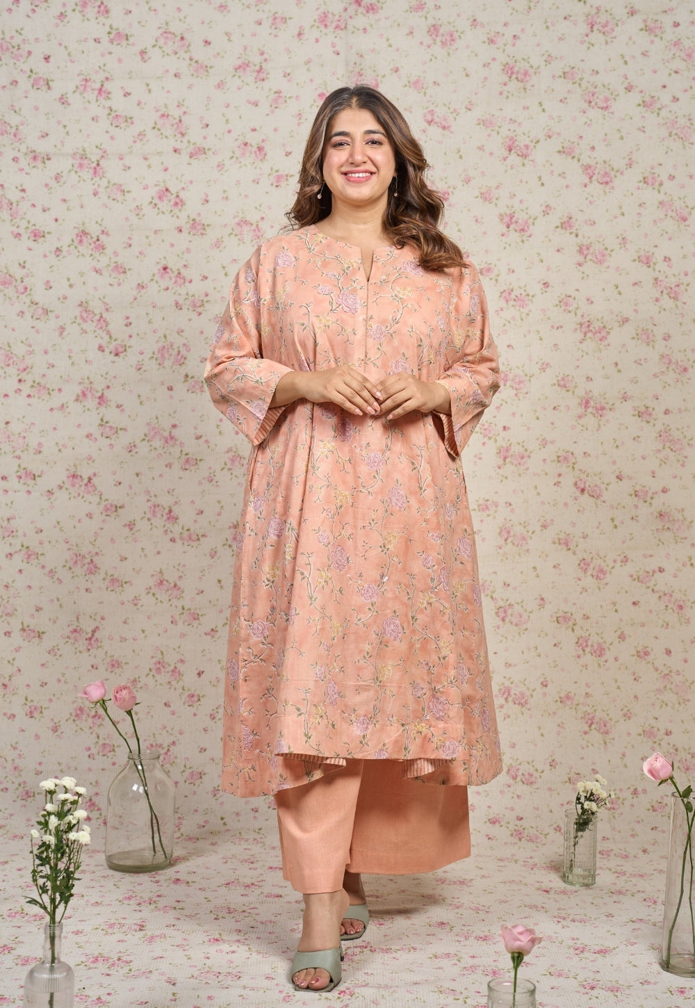 Mary Orange Sanganeri Mul Cotton Embroidered Kurta Set (Set of 2)