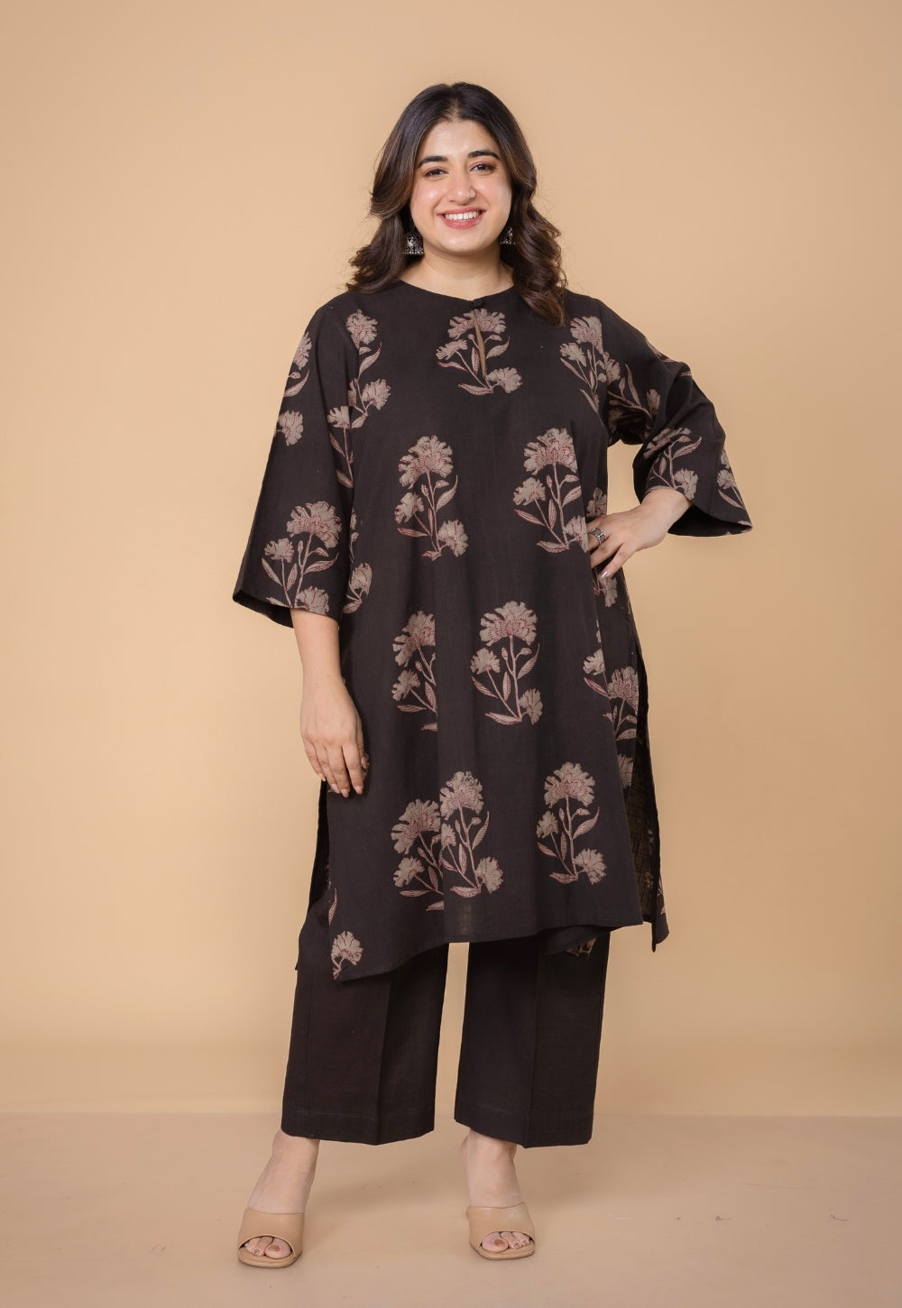 Zarina Brown Dabu Slub Cotton Straight Kurta