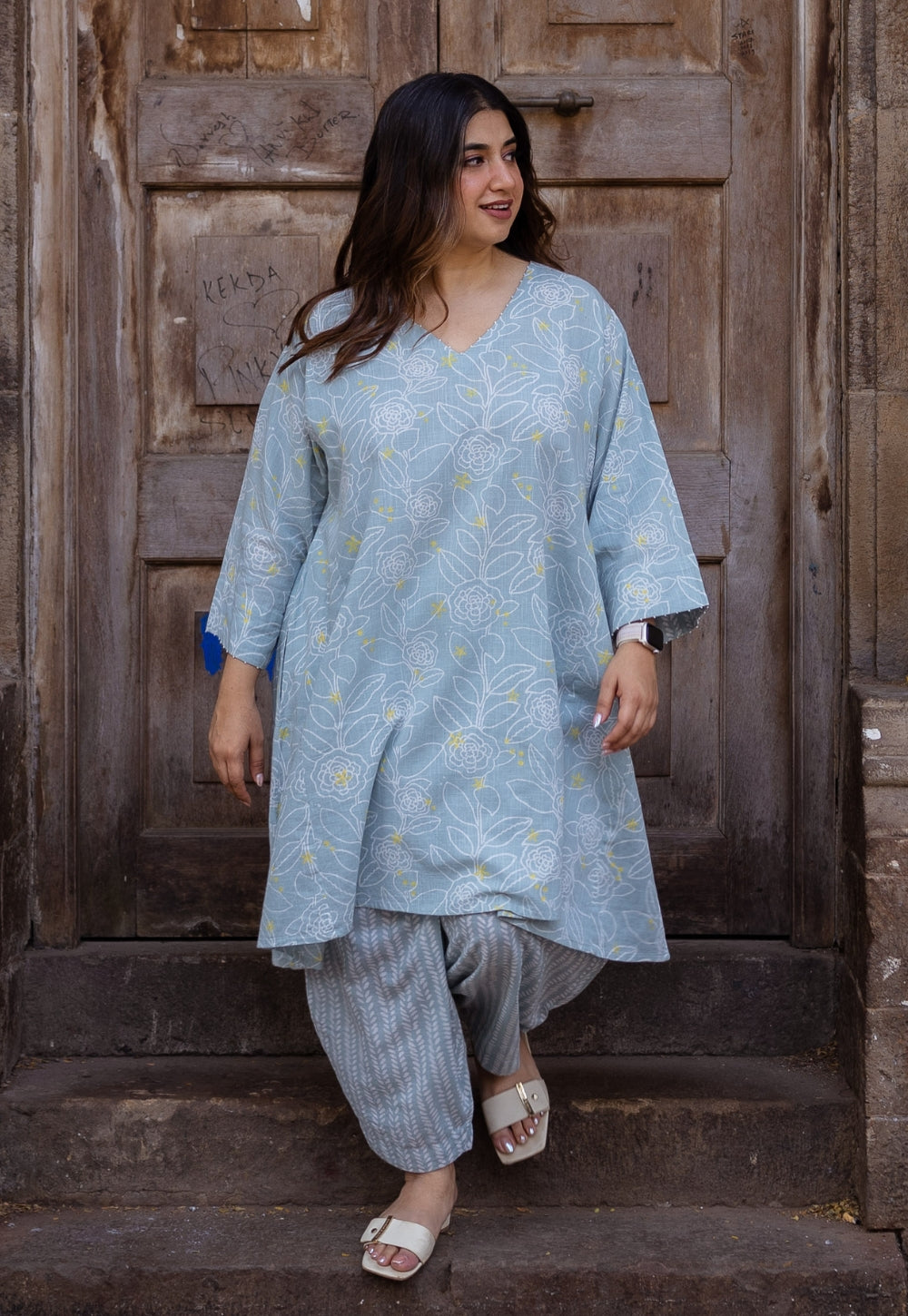 Jazmin Sky Blue Hand Block Print Slub Cotton Anti-Fit Kurta with Hand Embroidery