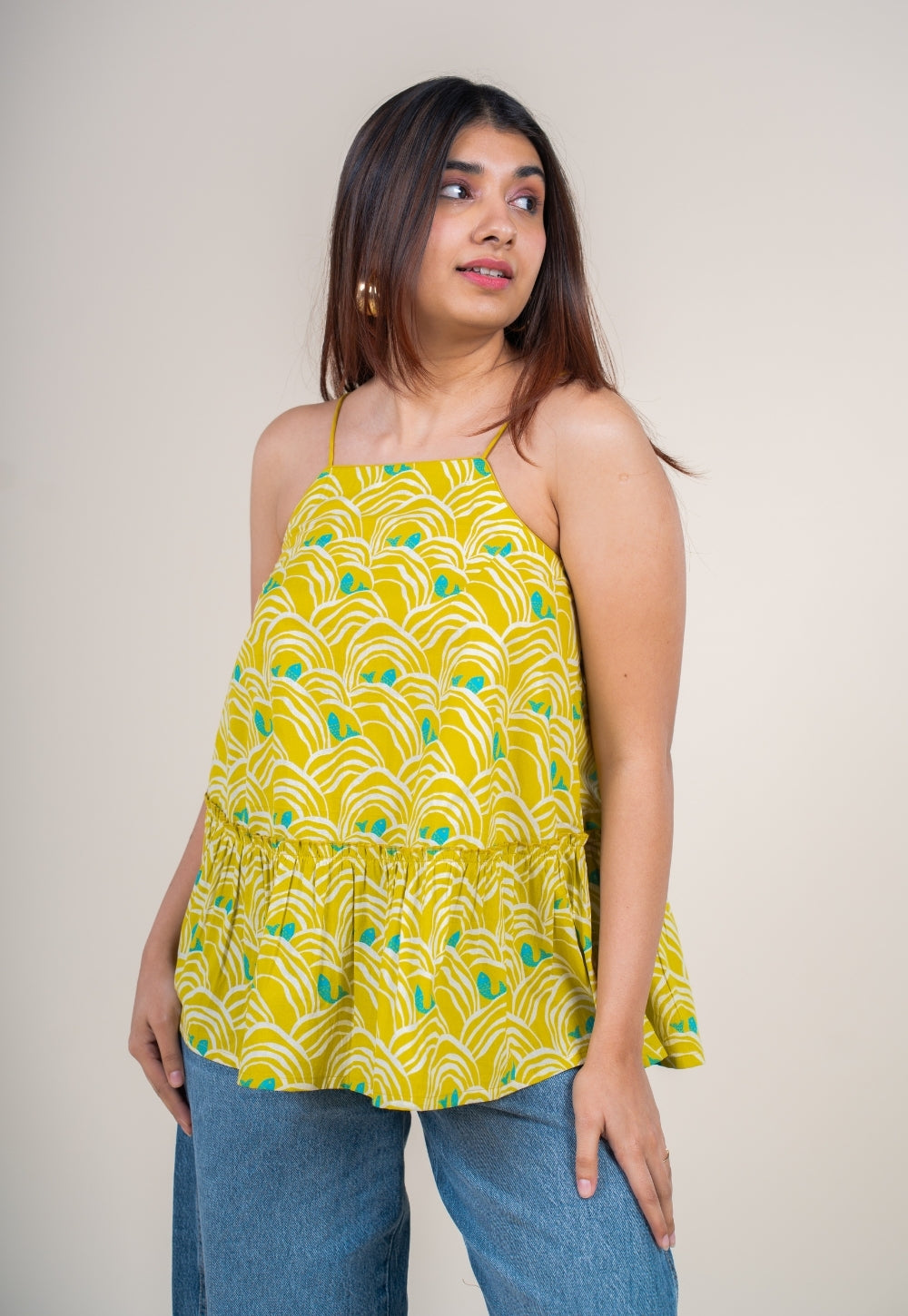 Sarya Lime Green Printed Cotton A Line Short Top