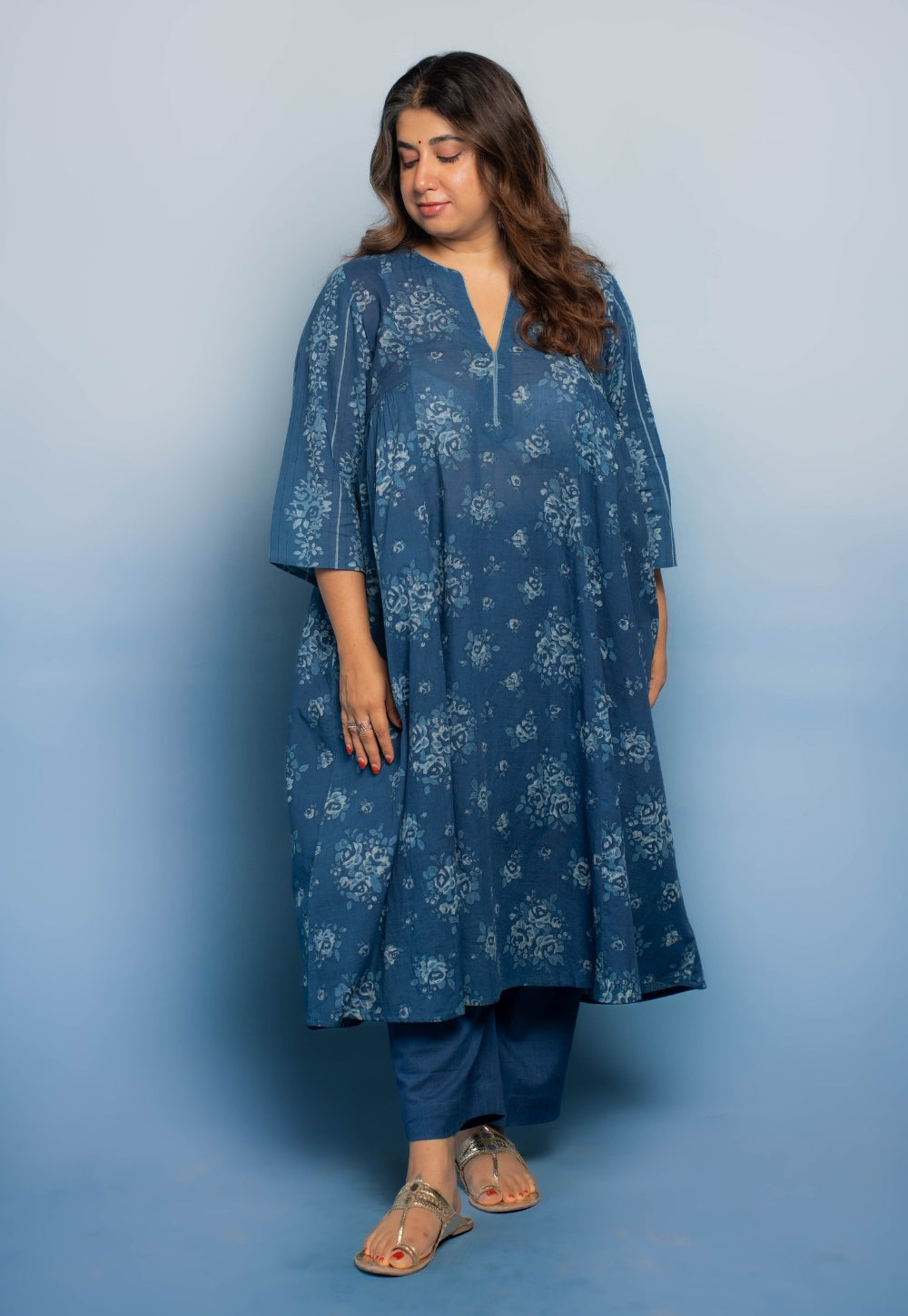 Drishti Blue Dabu Mul Cotton Kali Kurta
