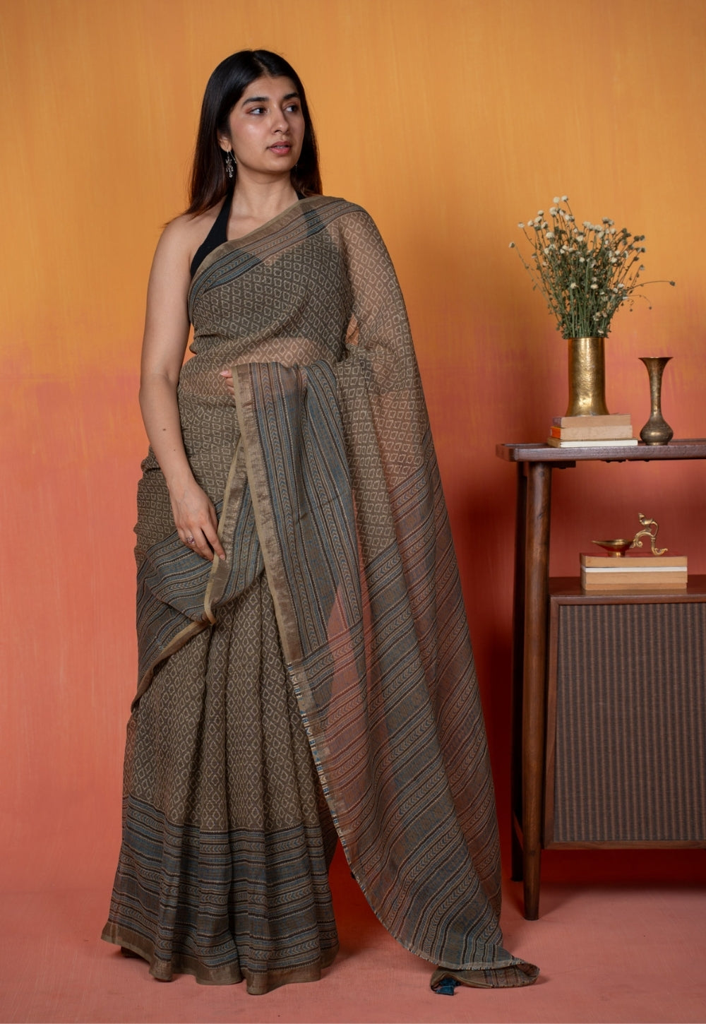 Grey Floral Border Ajrakh Hand Block Print Kota Doria Cotton Saree