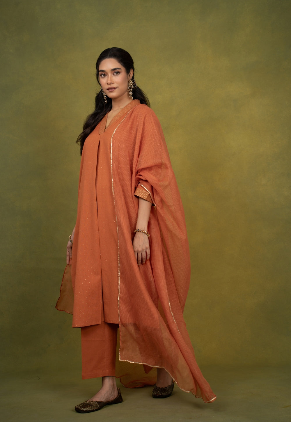 Sakhi Orange Rogan Handblock Printed Cotton Straight Kurta Suit Set (Set of 3)