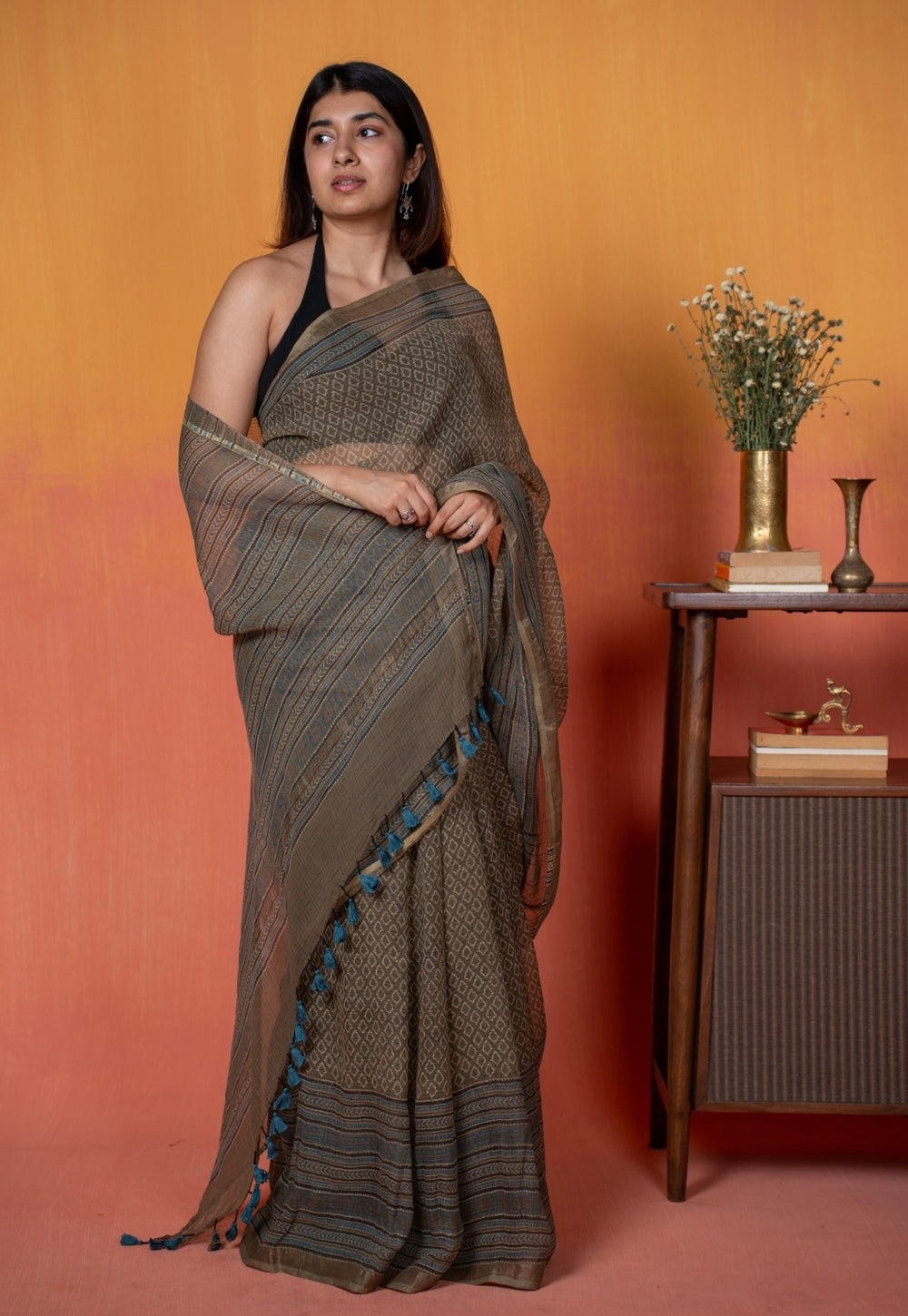 Grey Floral Border Ajrakh Hand Block Print Kota Doria Cotton Saree