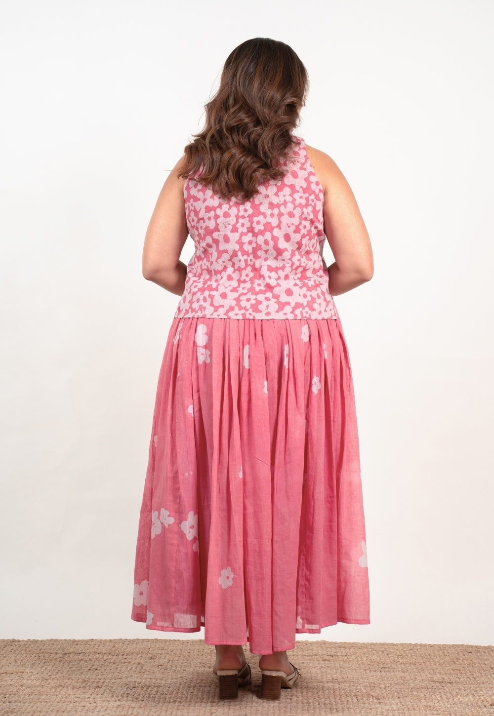 Ishani Pink Batik MulMul Straight Waistcoat Top and Skirt (Set of 2)