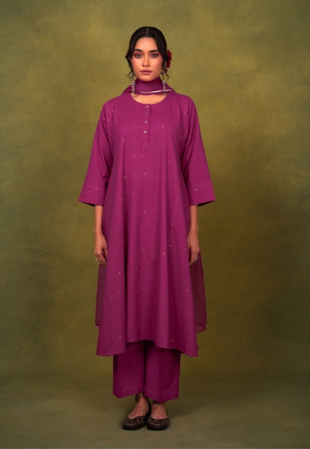 Alizah Pink Rogan Handblock Printed Cotton Jhabbha Kali Suit Set (Set of 3)