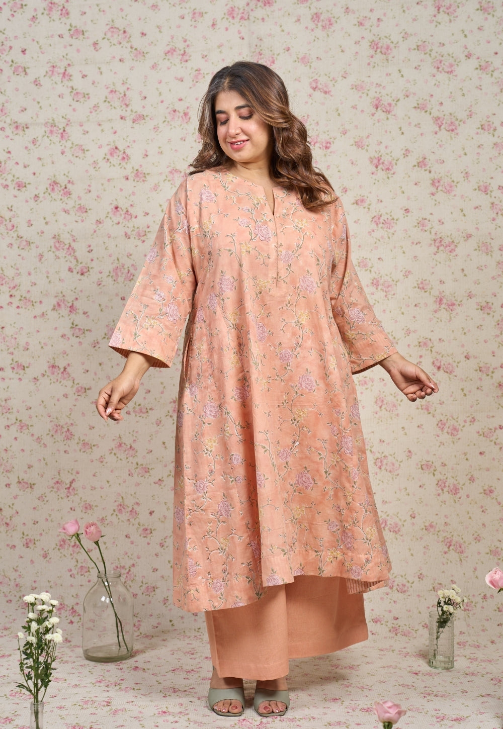 Mary Orange Sanganeri Mul Cotton Embroidered Kurta Set (Set of 2)