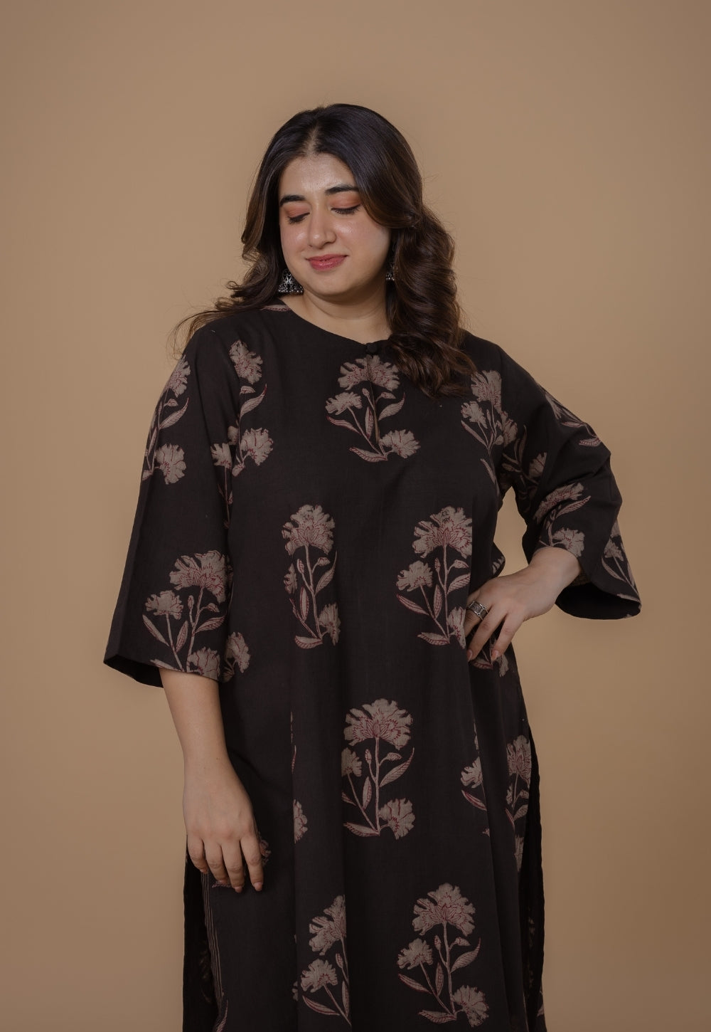 Zarina Brown Dabu Slub Cotton Straight Kurta Set (Set of 2)