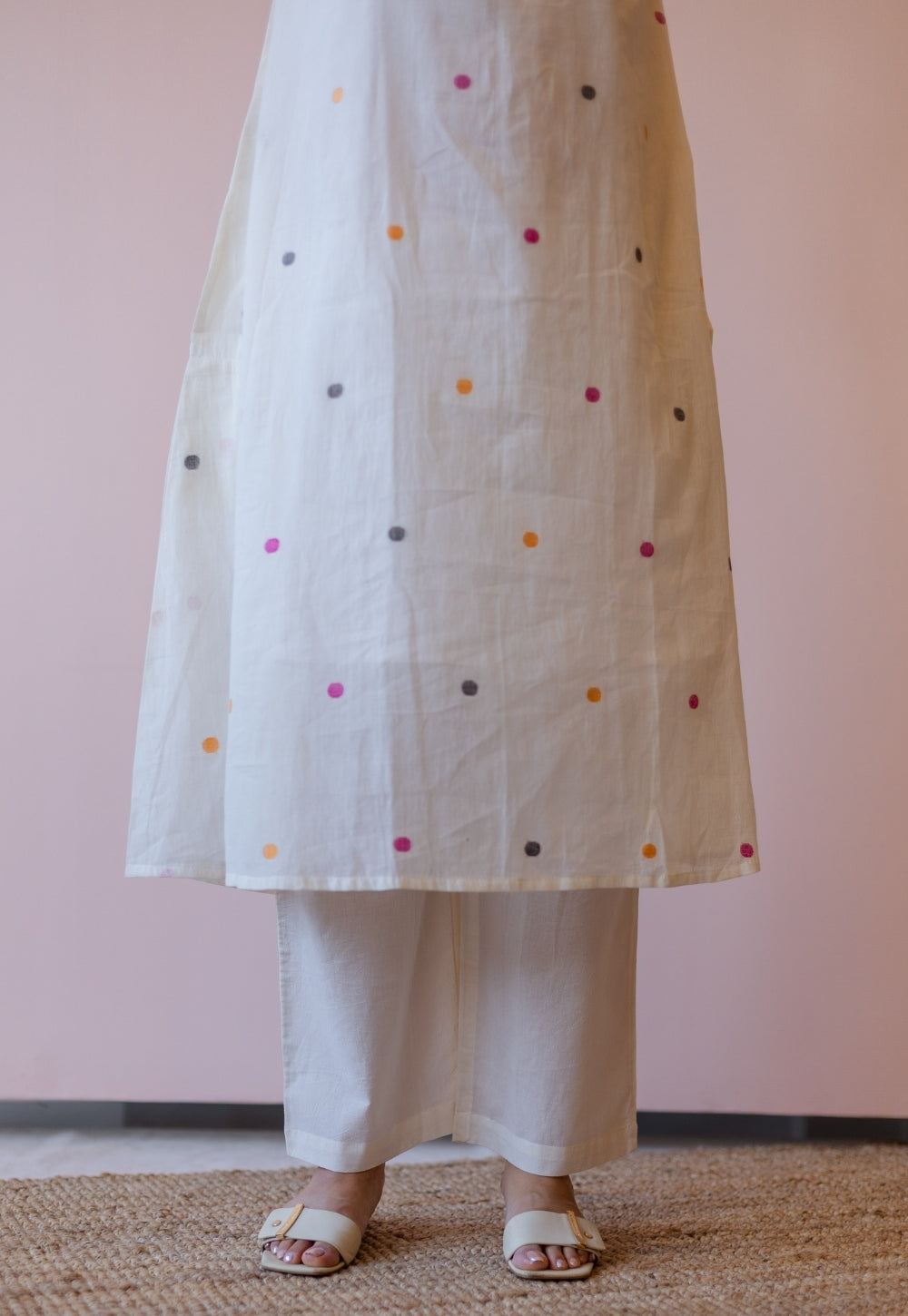 Kusum Off White Jamdani Handloom Cotton A Line Kurta