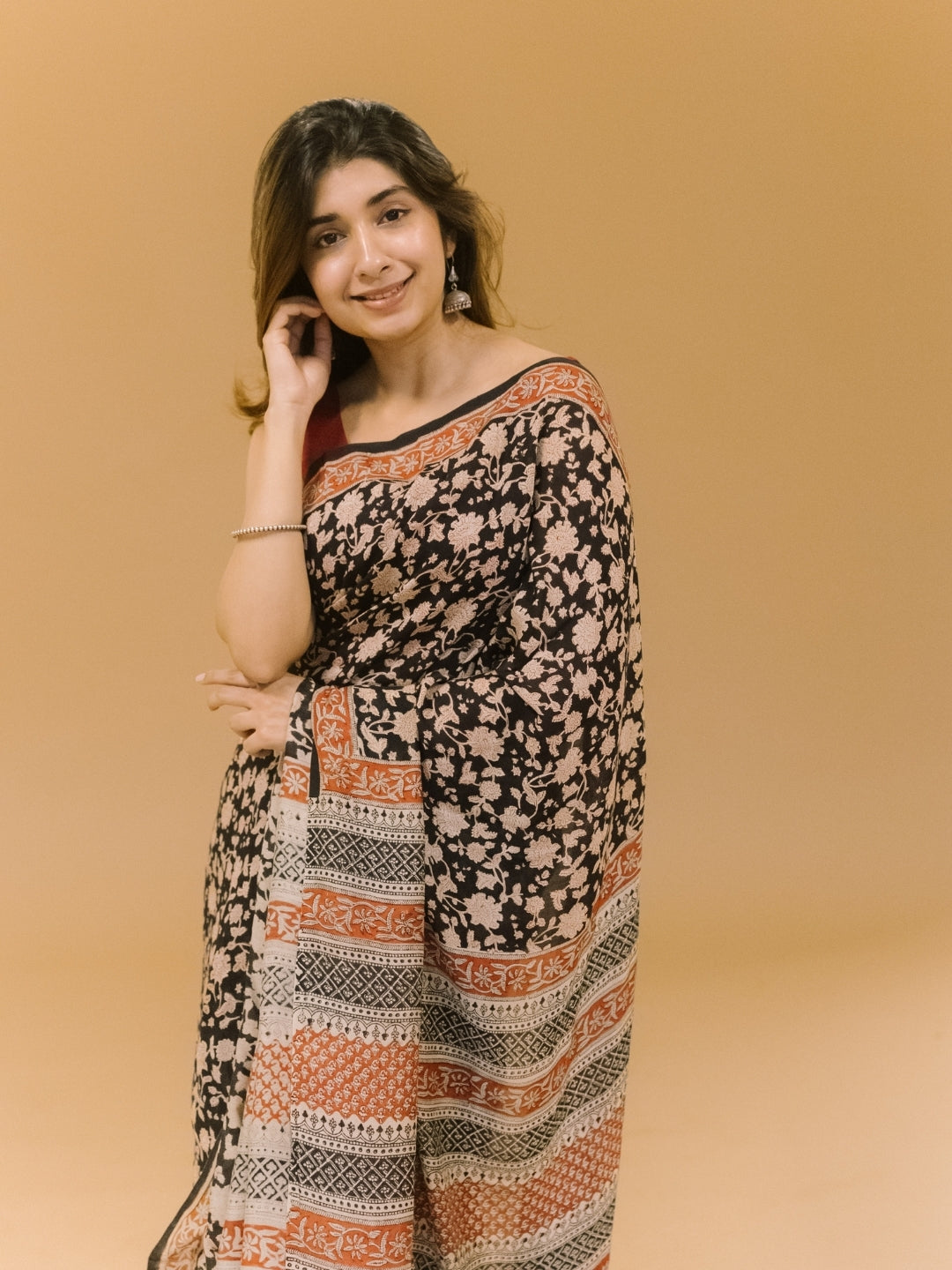 Black Jaal Bagru Hand Block Print Modal Saree
