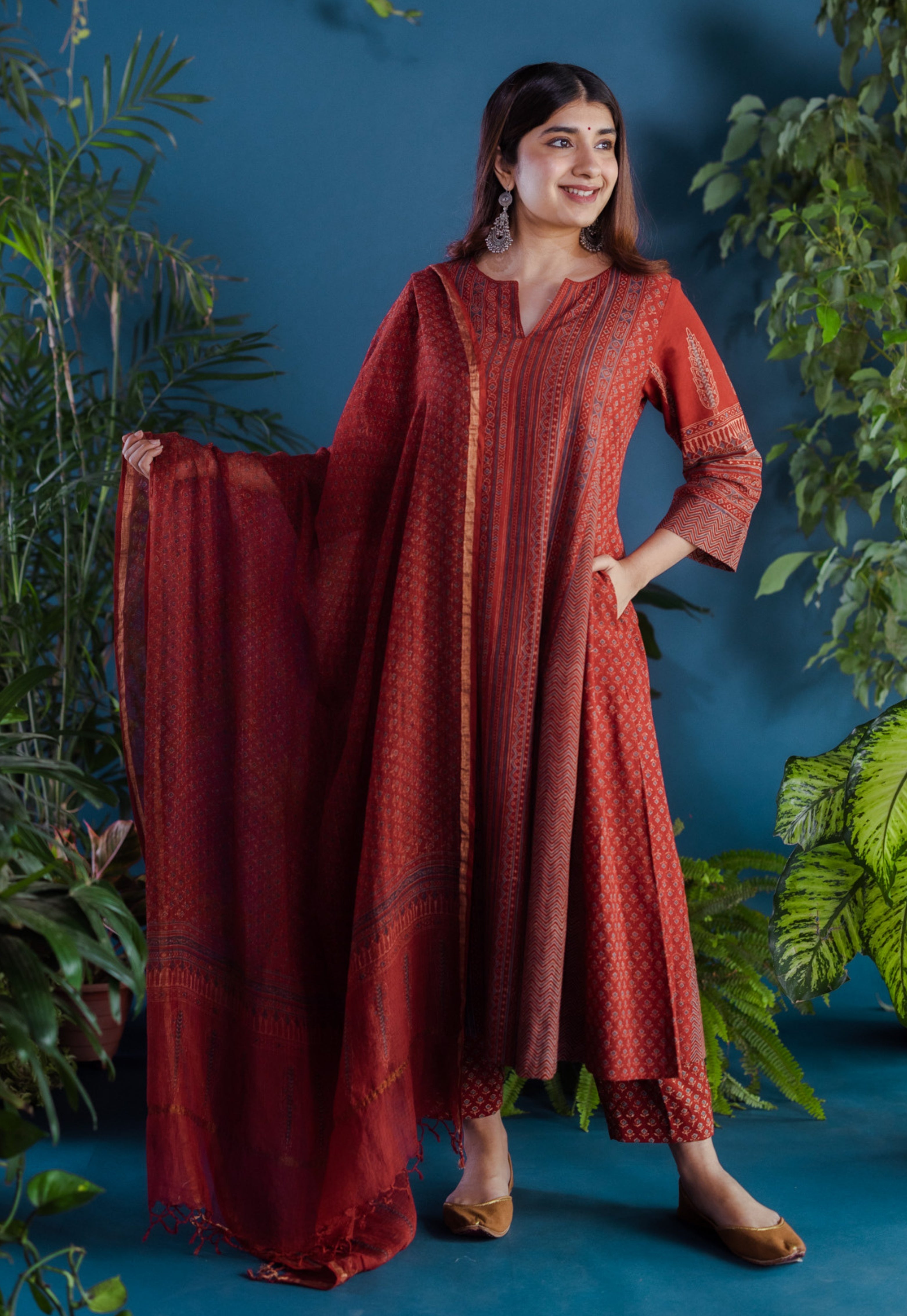 Red Butti Ajrakh Kota Doria Cotton Dupatta