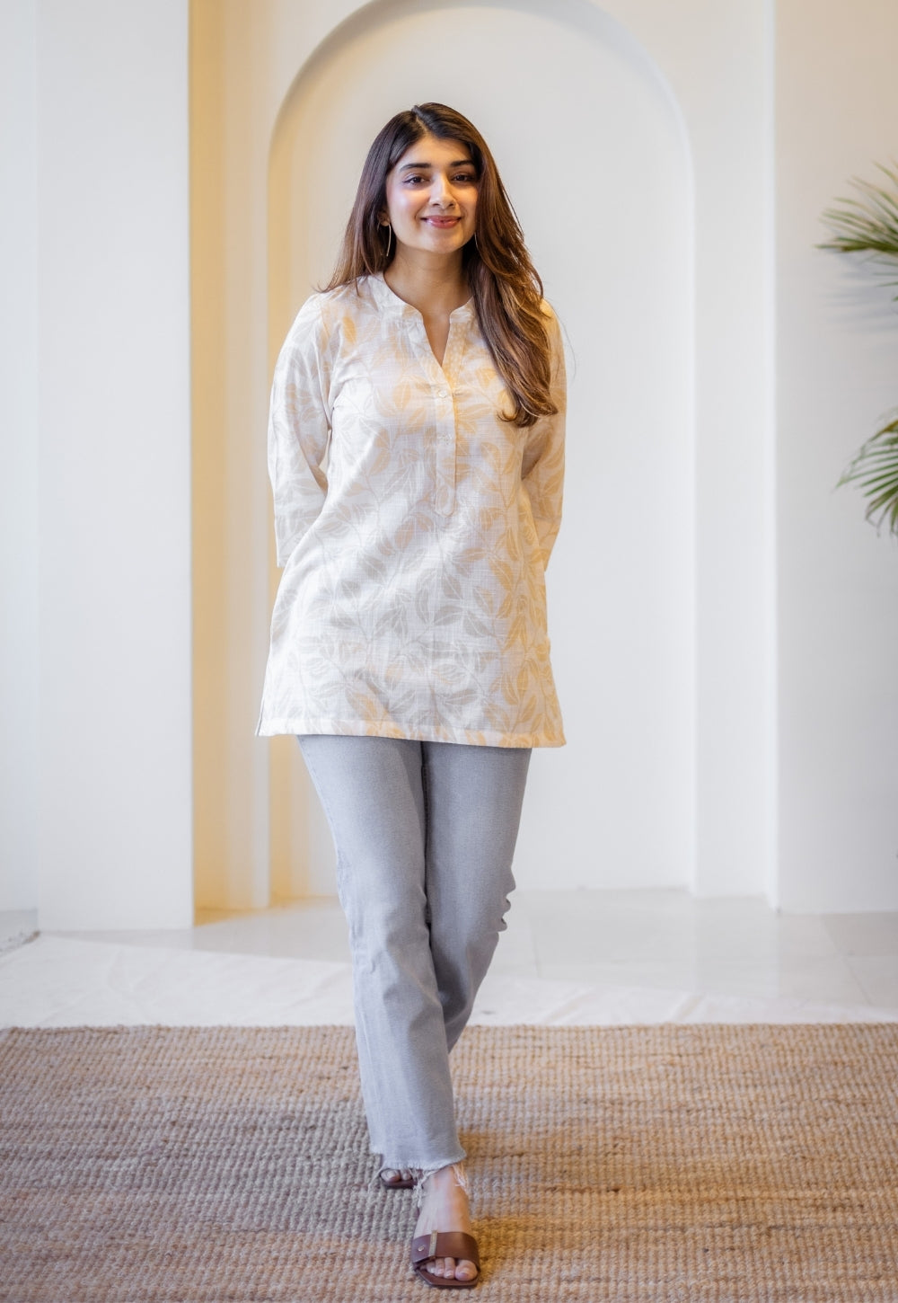 Zinia Beige Hand Block Print Slub Cotton Straight Short Top