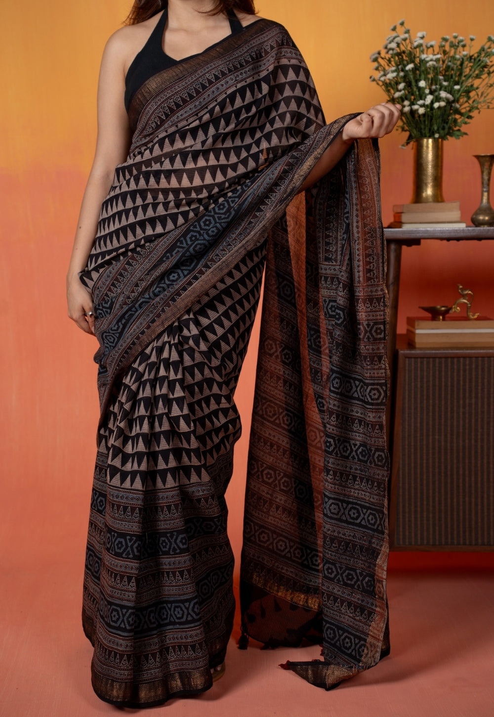 Black Tribal Ajrakh Hand Block Print Maheshwari Saree