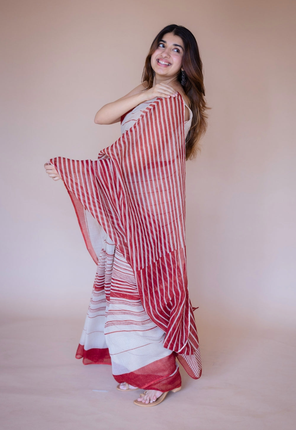 Off White Stripe Ajrakh Hand Block Print Kota Doria Cotton Saree