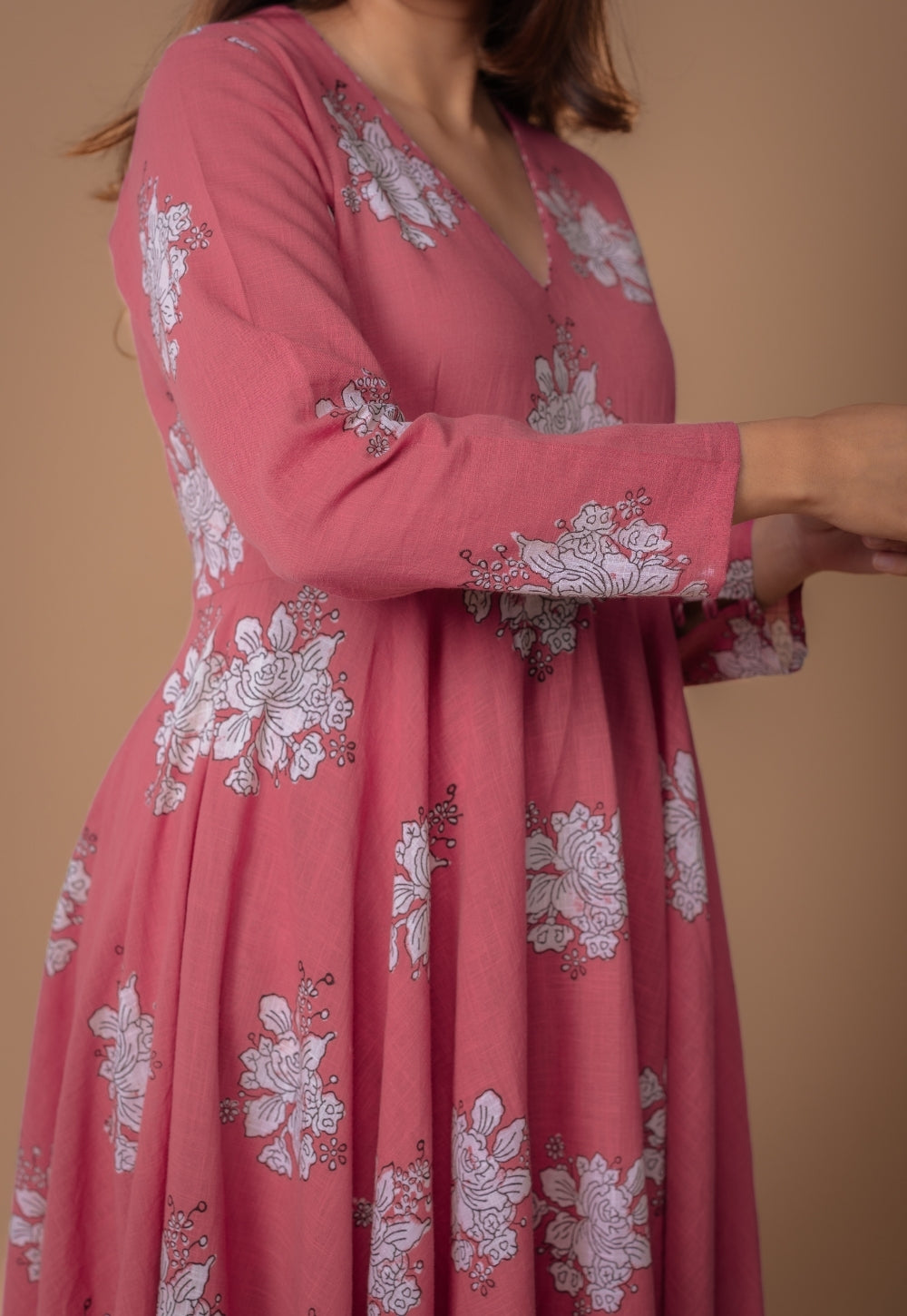 Ruvika Pink Dabu Slub Cotton A Line Kurta