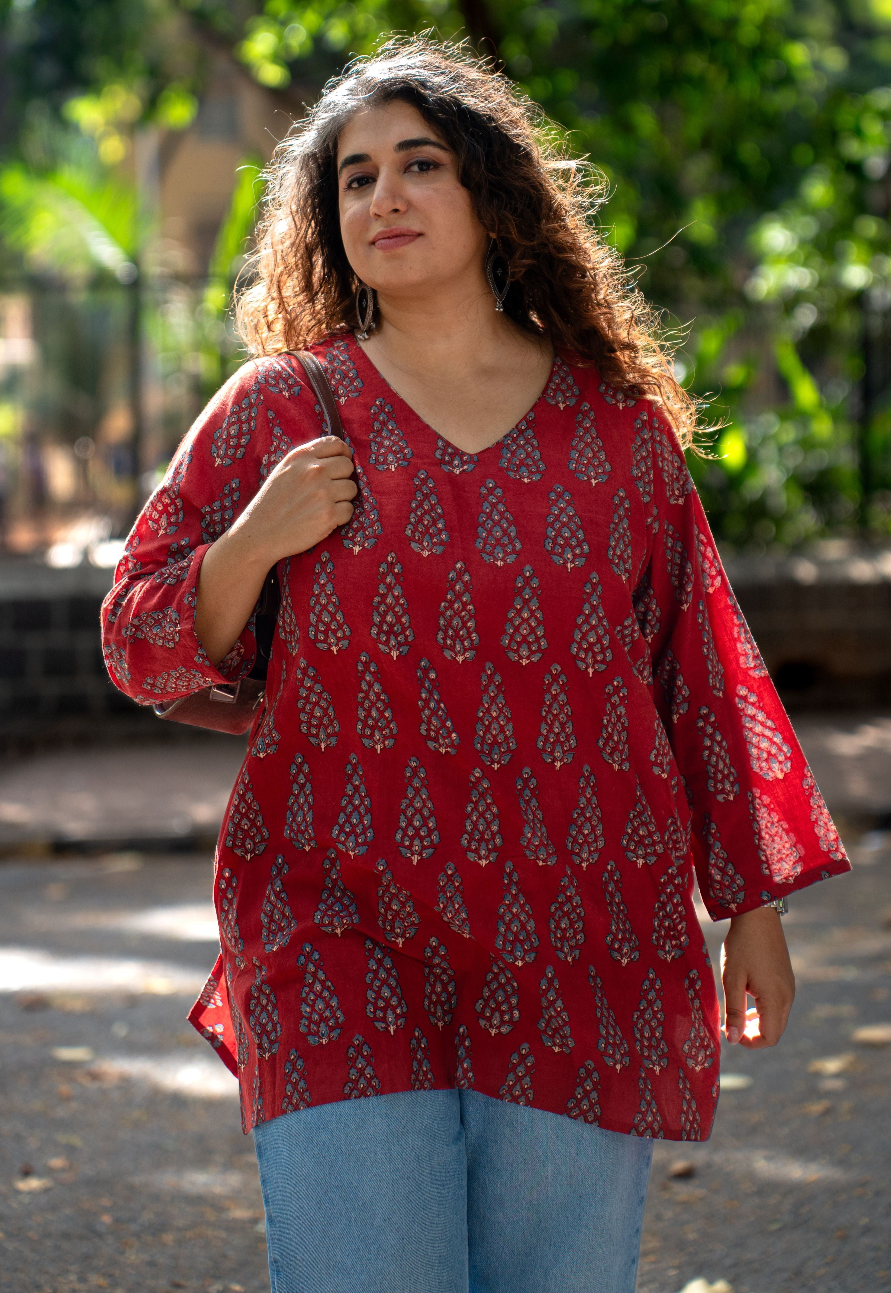 Sahar Red Ajrakh Cotton Straight Short Top