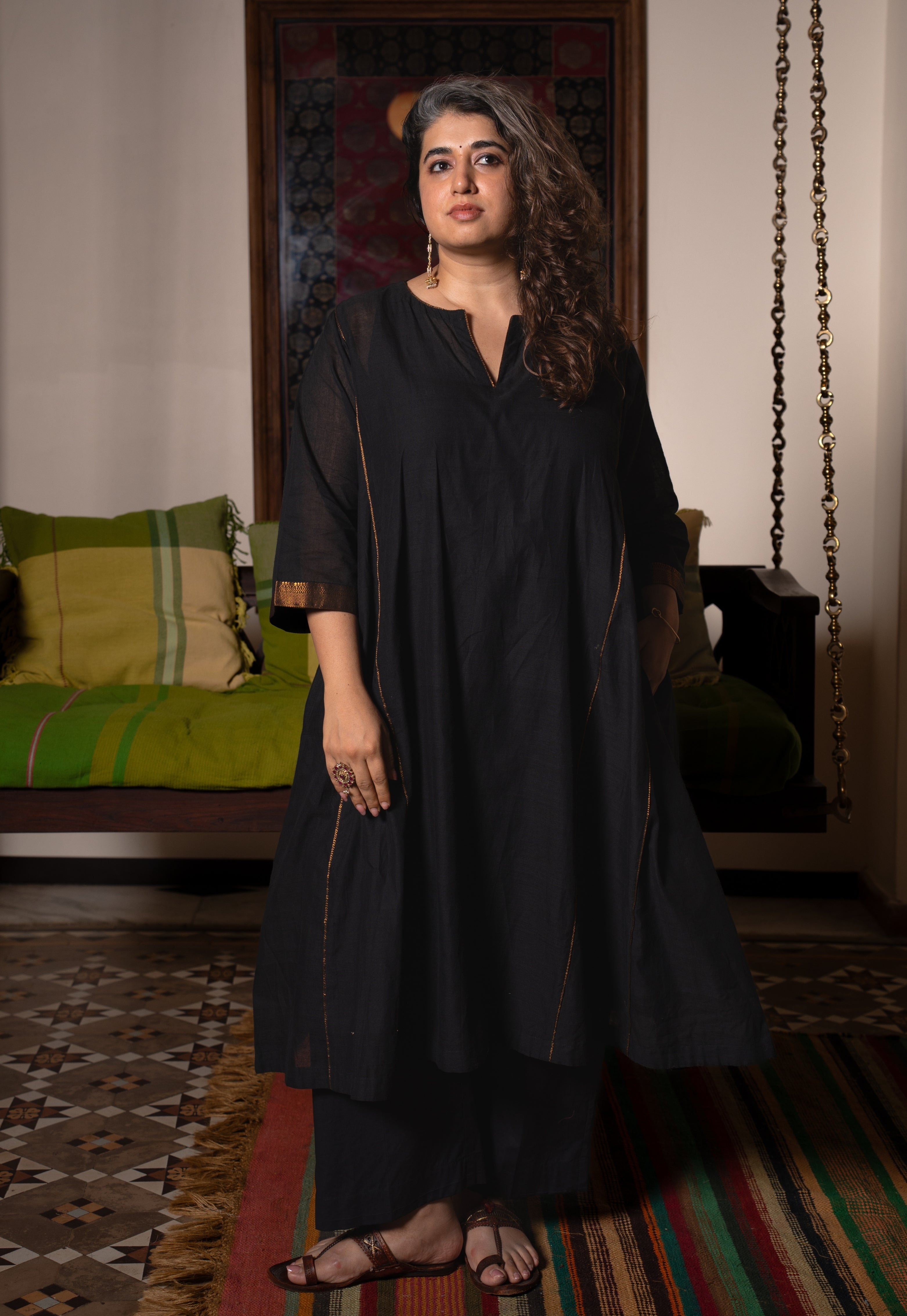 Nyra Black Mangalgiri Cotton Jhabbha Kali Kurta with Nizam Border