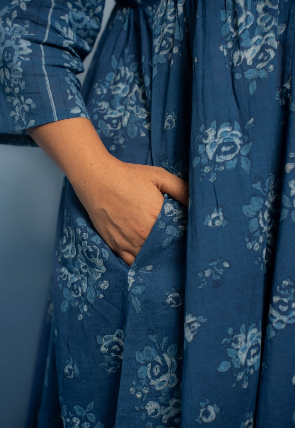 Drishti Blue Dabu Mul Cotton Kali Kurta