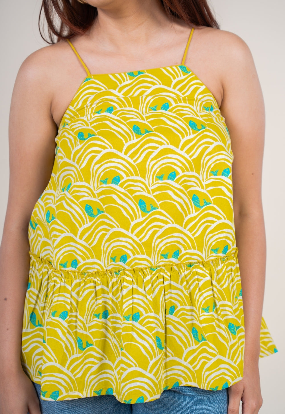 Sarya Lime Green Printed Cotton A Line Short Top