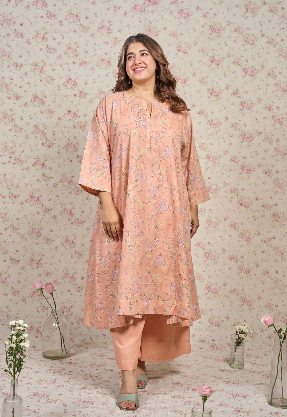 Mary Orange Sanganeri Mul Cotton Embroidered Kurta Set (Set of 2)