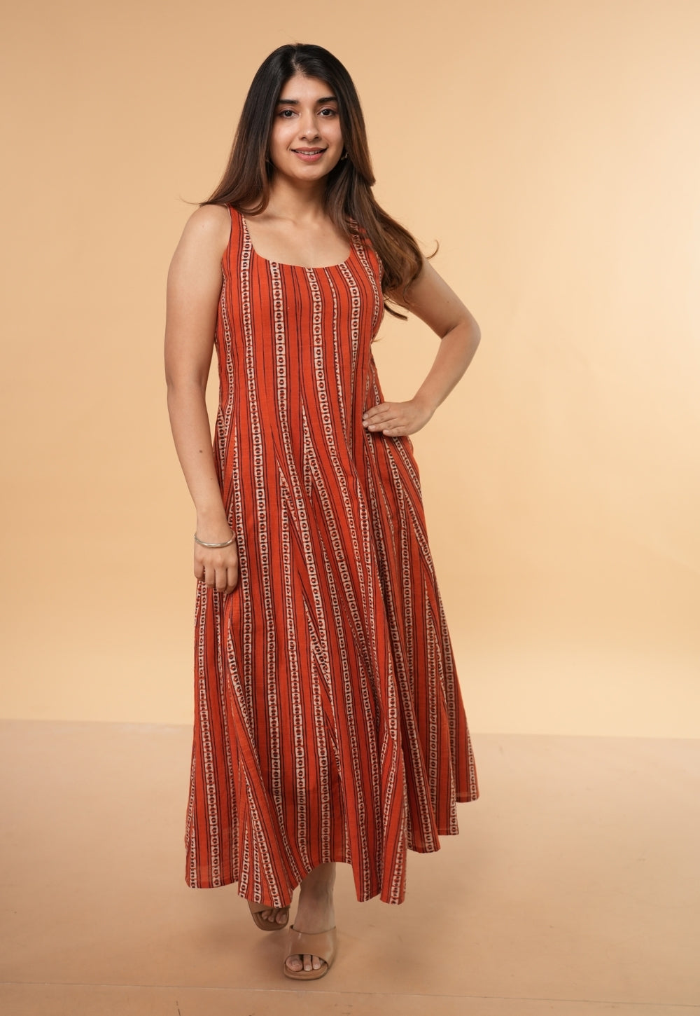 Arya Orange Dabu Slub Cotton A Line Dress