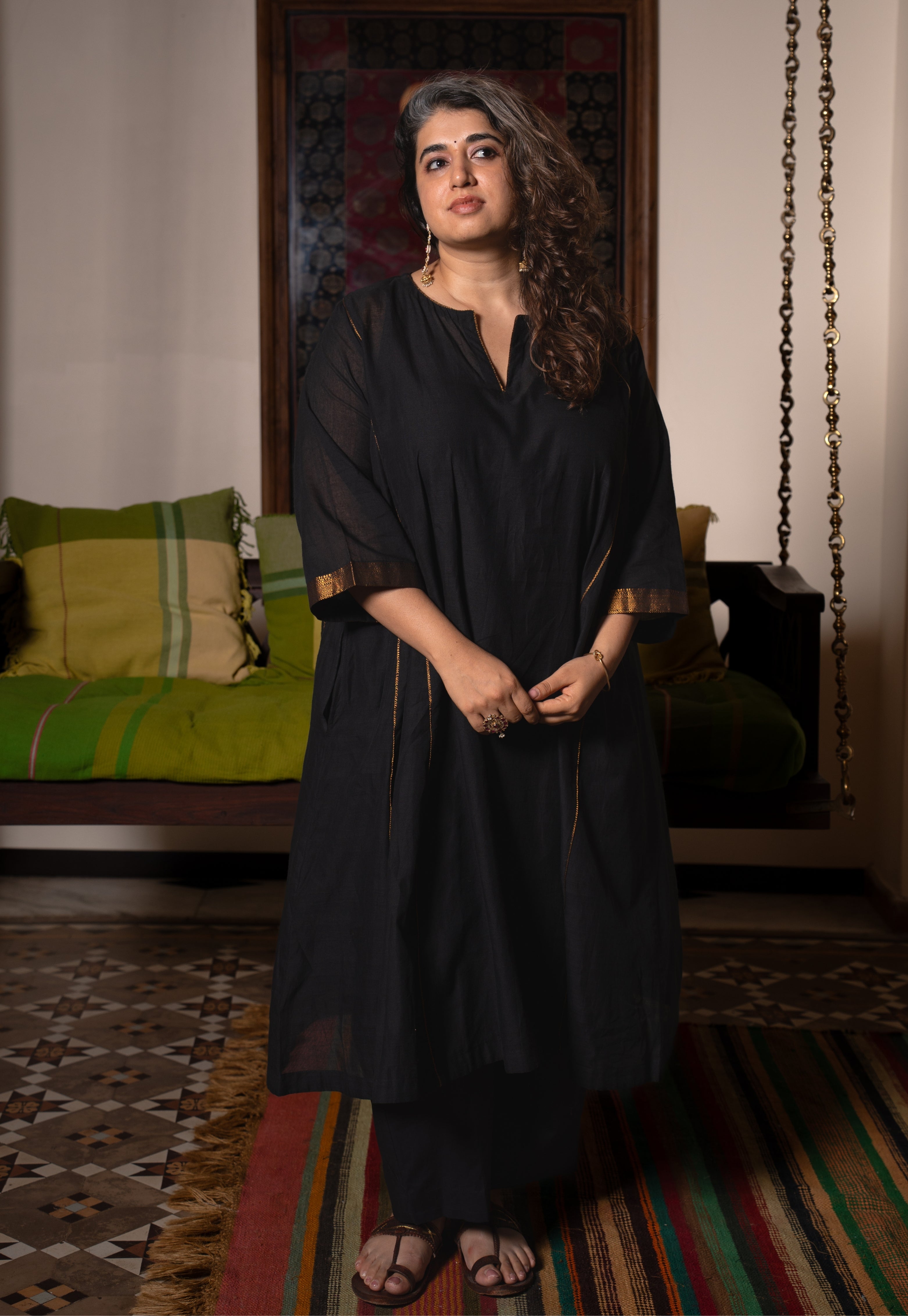Nyra Black Mangalgiri Cotton Jhabbha Kali Kurta with Nizam Border