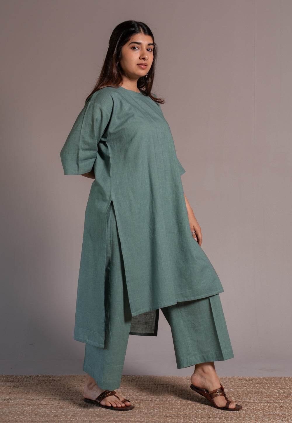 Dusty Teal Solid Slub Cotton Straight Kurta - DyeVerse