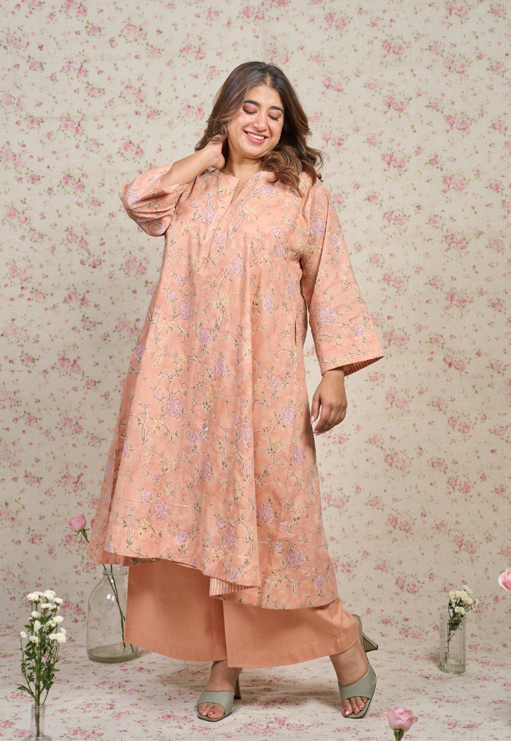 Mary Orange Sanganeri Mul Cotton Embroidered Kurta Set (Set of 2)