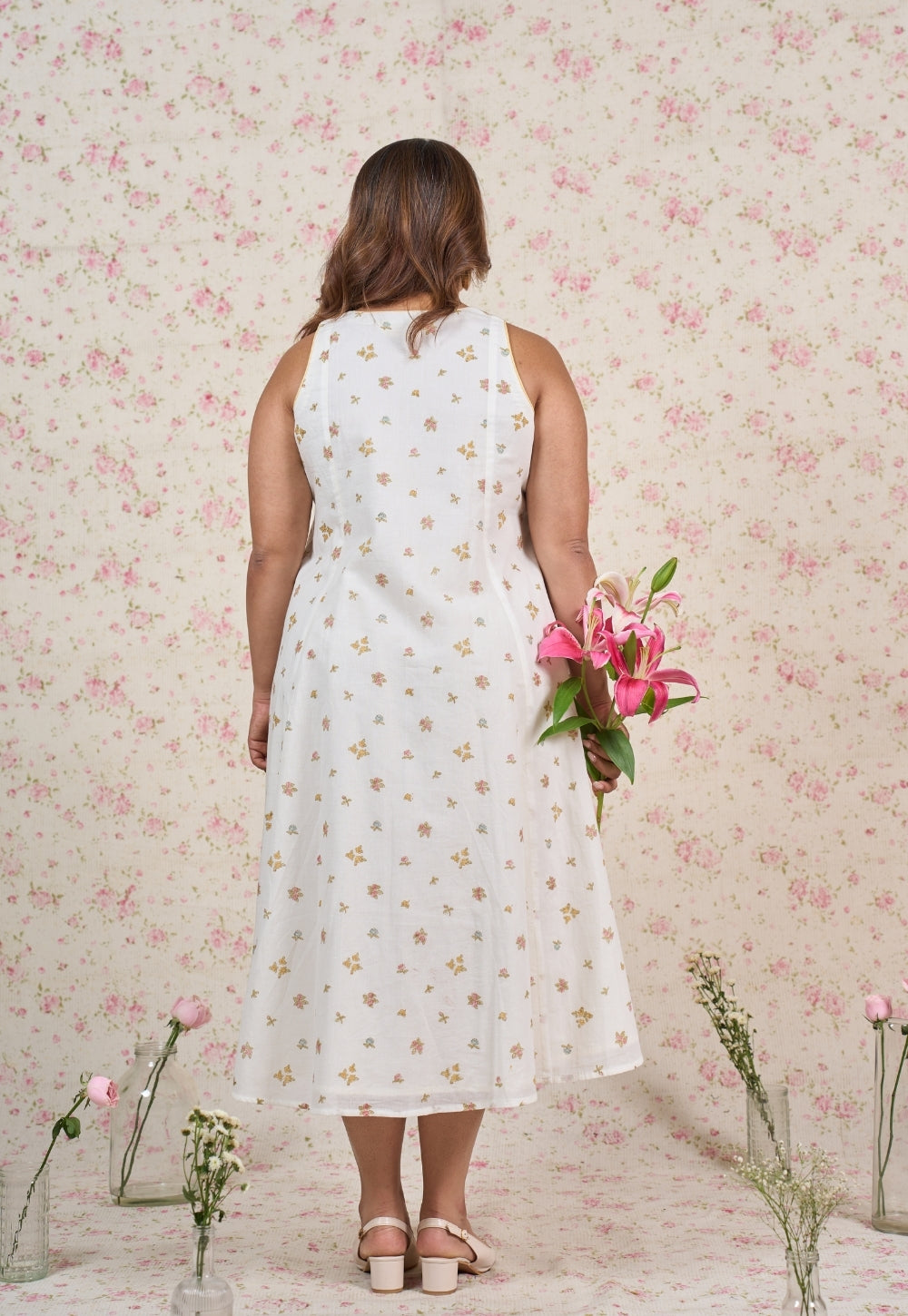Sophia White Sanganeri Mul Cotton A Line Dress
