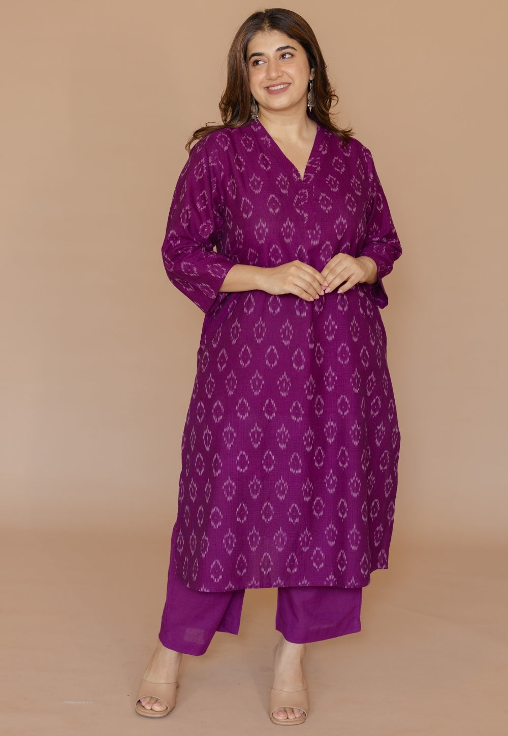 Avika Purple Handloom Ikkat Cotton Straight Kurta