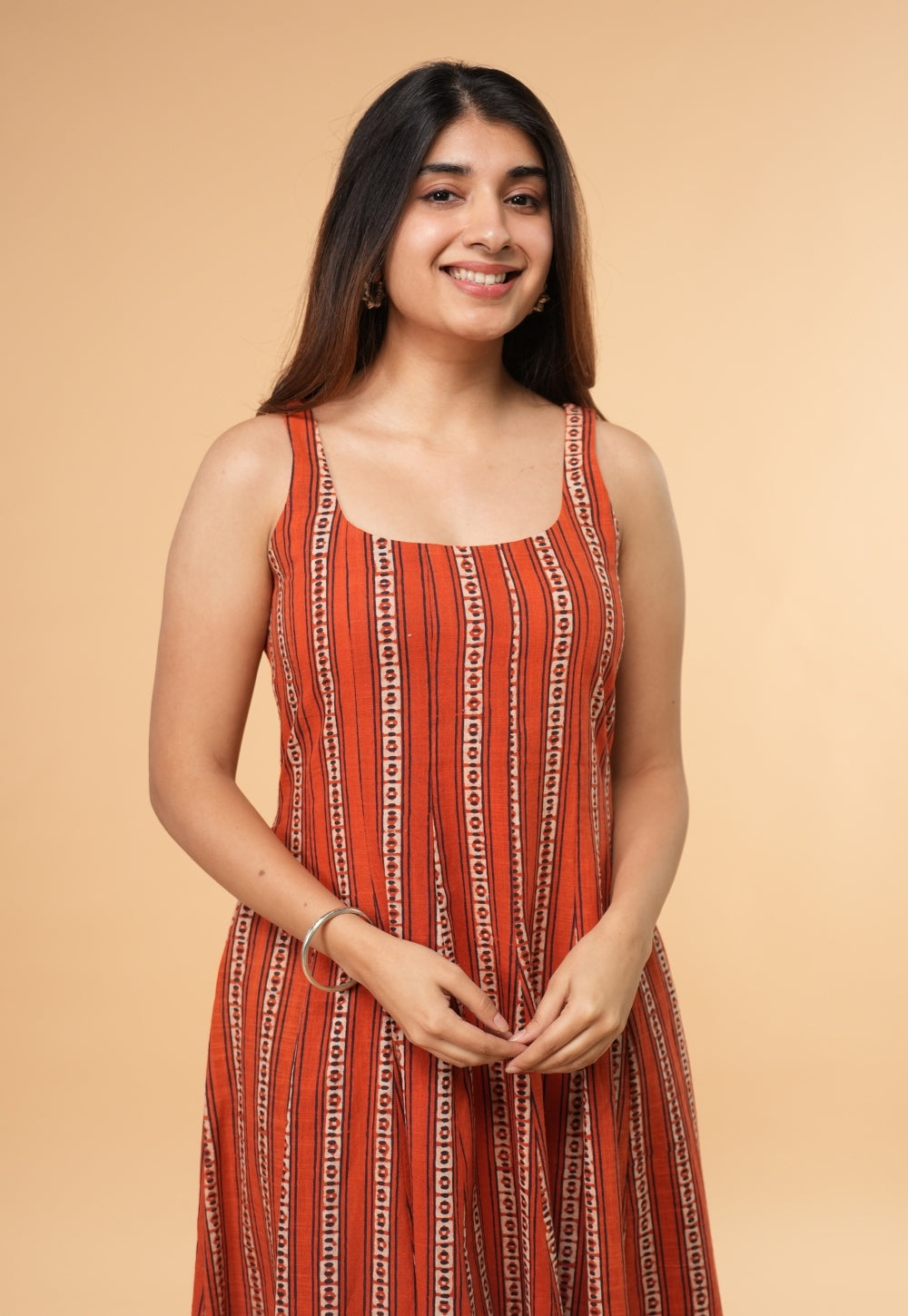 Arya Orange Dabu Slub Cotton A Line Dress