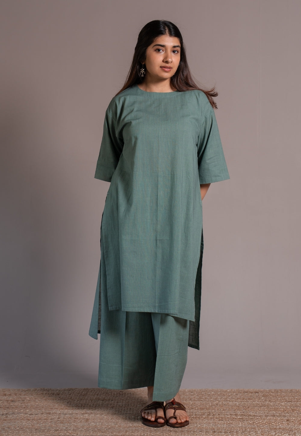 Dusty Teal Solid Slub Cotton Straight Kurta - DyeVerse