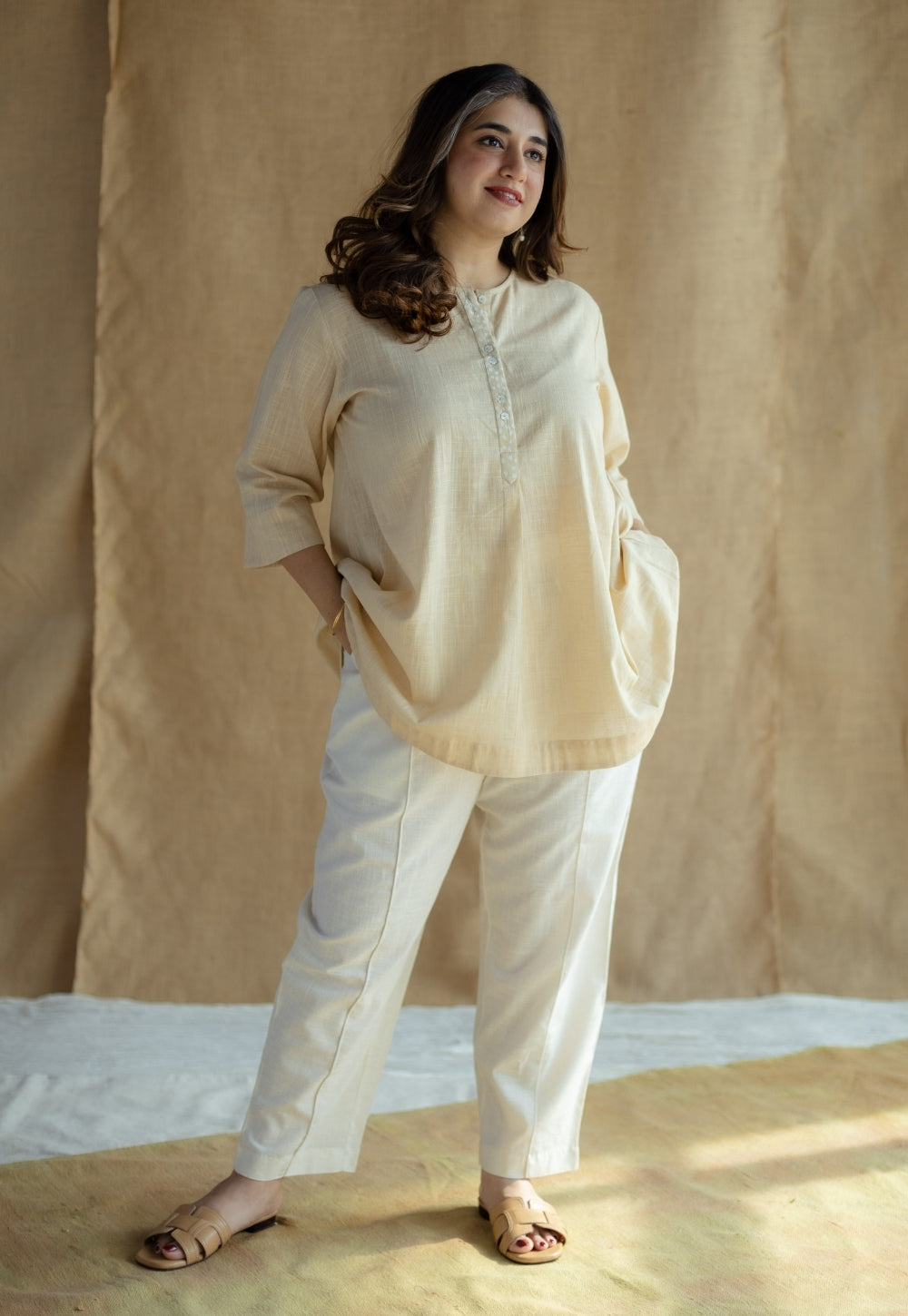 Afifa Cream Solid Slub Cotton A Line Short Top