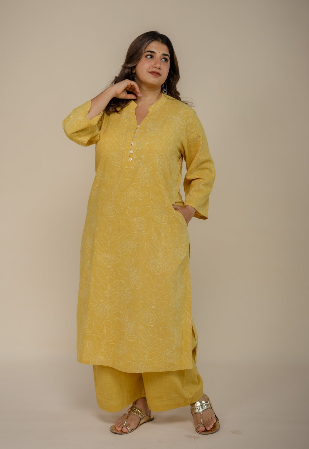 Afira Yellow Hand Block Print Slub Cotton Straight Kurta