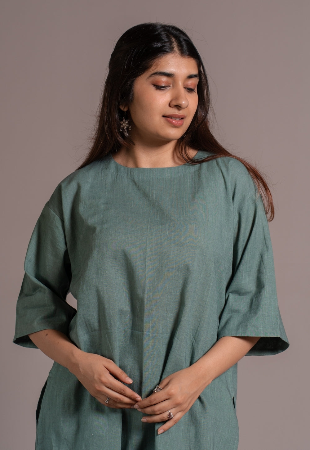 Dusty Teal Solid Slub Cotton Straight Kurta - DyeVerse
