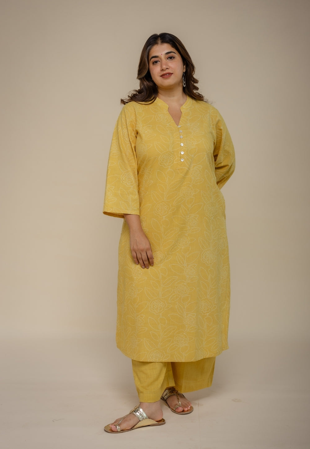 Afira Yellow Hand Block Print Slub Cotton Straight Kurta